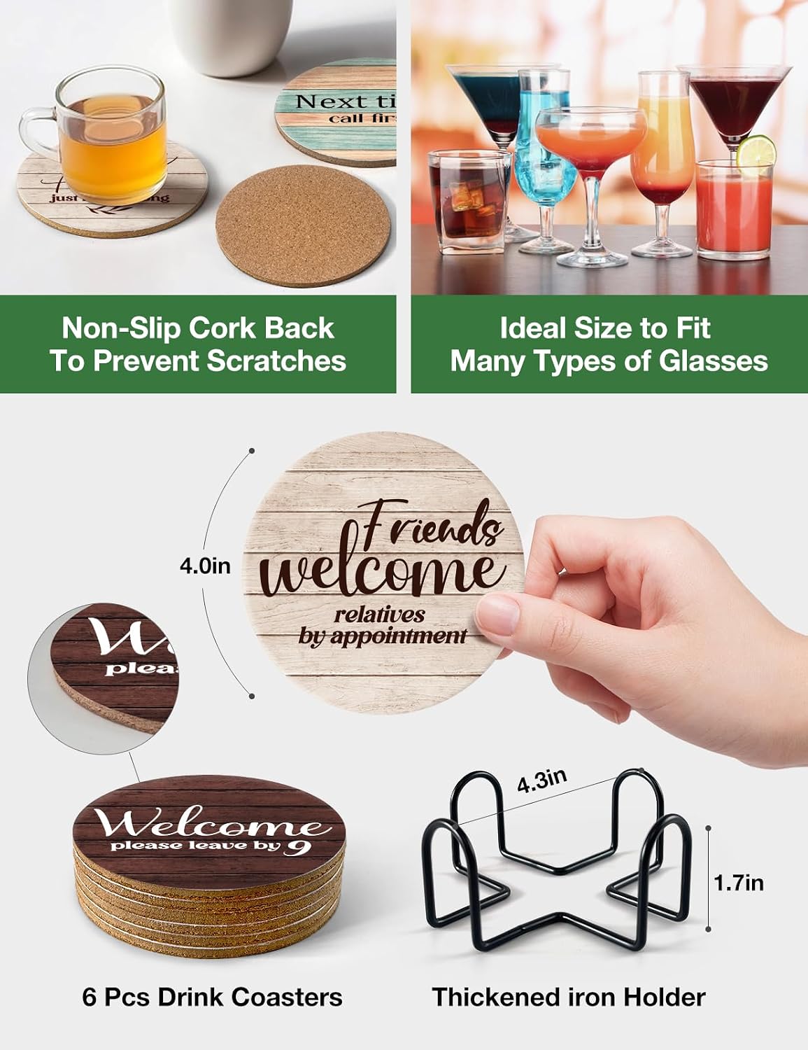 Holder / Funny Farmhouse Bar Cork Drink Coasters / Welcome Coasters / Set of 6