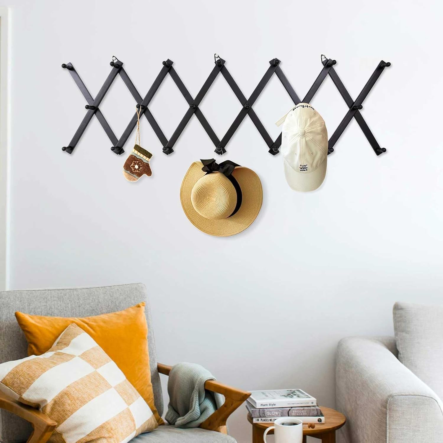 SCUNDA Wall Rack with 20 Hooks, Wooden Wall Expandable Coat Rack for Coat, Hats, Baseball Caps, Coffee Mug