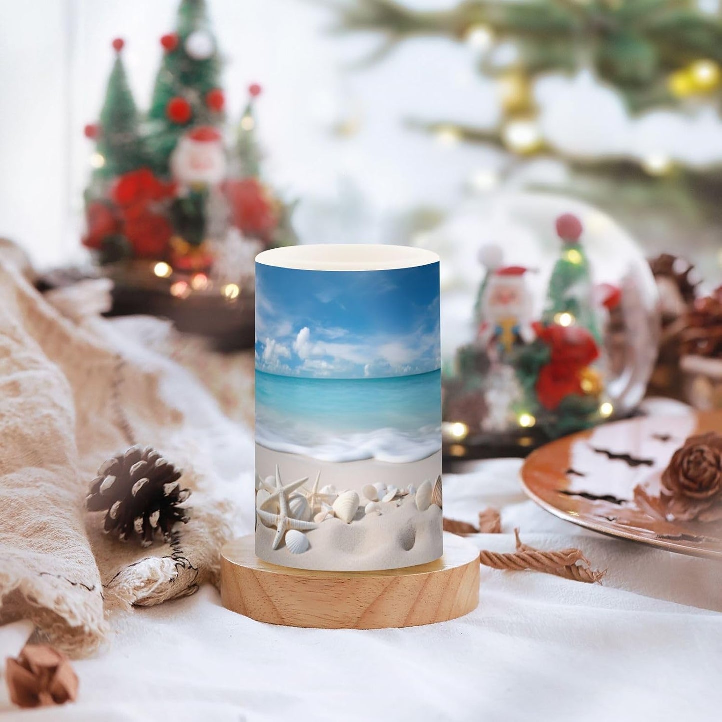 Flickering Flameless Candles, Starfishes Seashells Beach Blue Sky LED Candles with Remote Timer, Set of 2 Battery