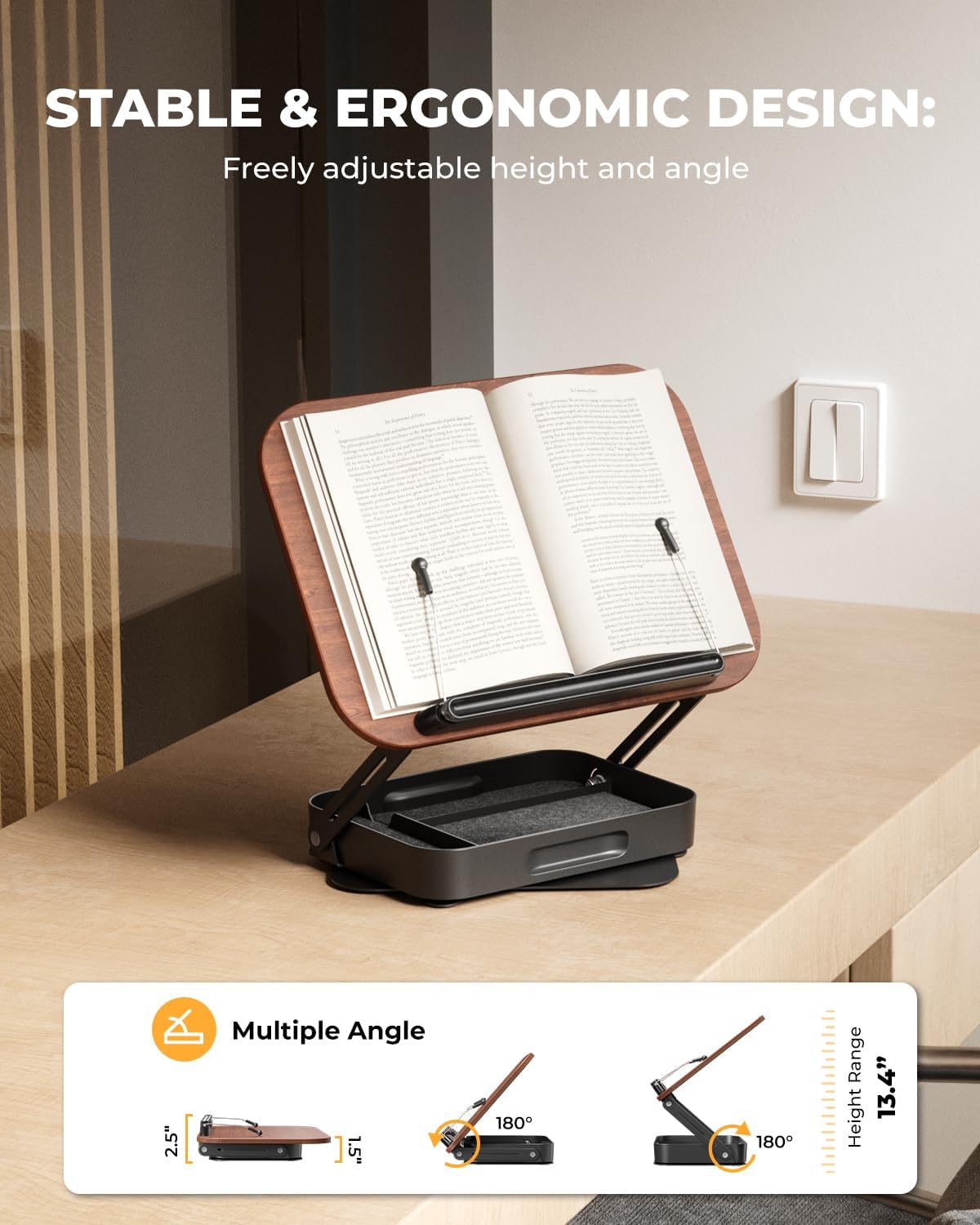 Adjustable Book Stand with Storage Drawer, 360° Rotating Book Holder, Height & Angle Adjustable, Extra-Wide Page Clips