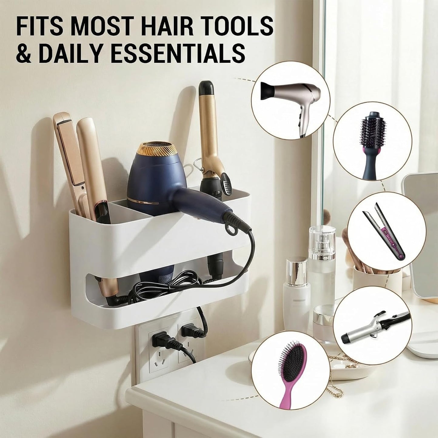 MyGift Wall Mounted Hair Tool Organizer with 3 Slots, White Metal | Bathroom & Salon Storage Rack for Blow Dryer