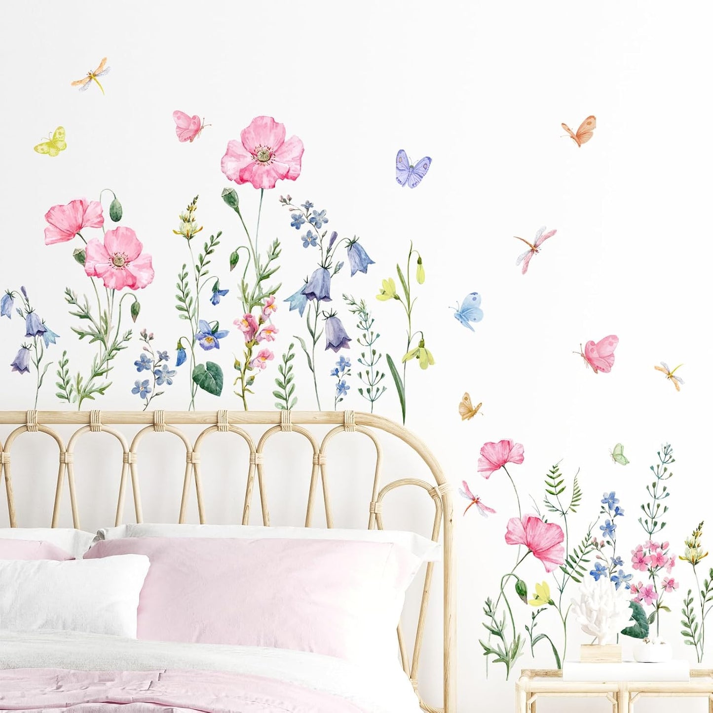 Watercolor Wildflower Wall Decals Colorful Garden Flower Grass Butterflies Wall / Pink Wildflower