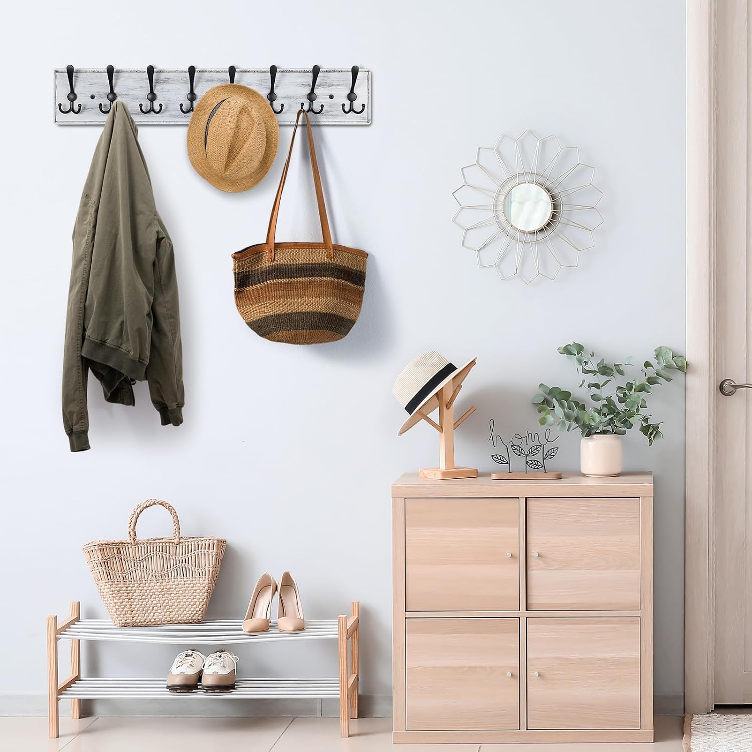 Coat Rack Wall Mount, Wooden Heavy Duty Coat Rack for Wall,8 Triple Coat Hanger Hooks for Hanging