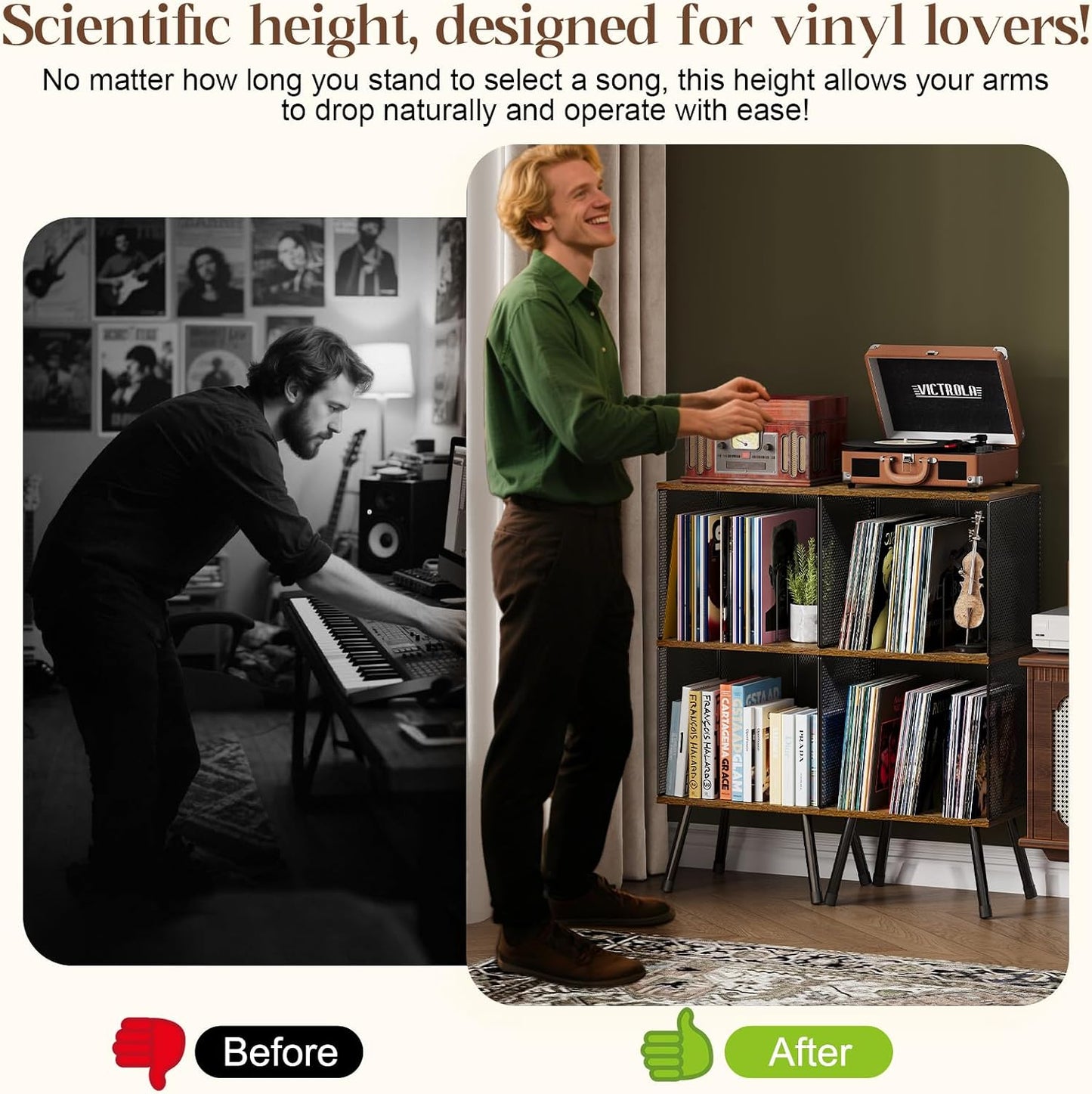 X-cosrack 3-Tier Record Player Stand, Turntable Stand with Storage up to 200 Albums, Corner Vinyl Record Holder with