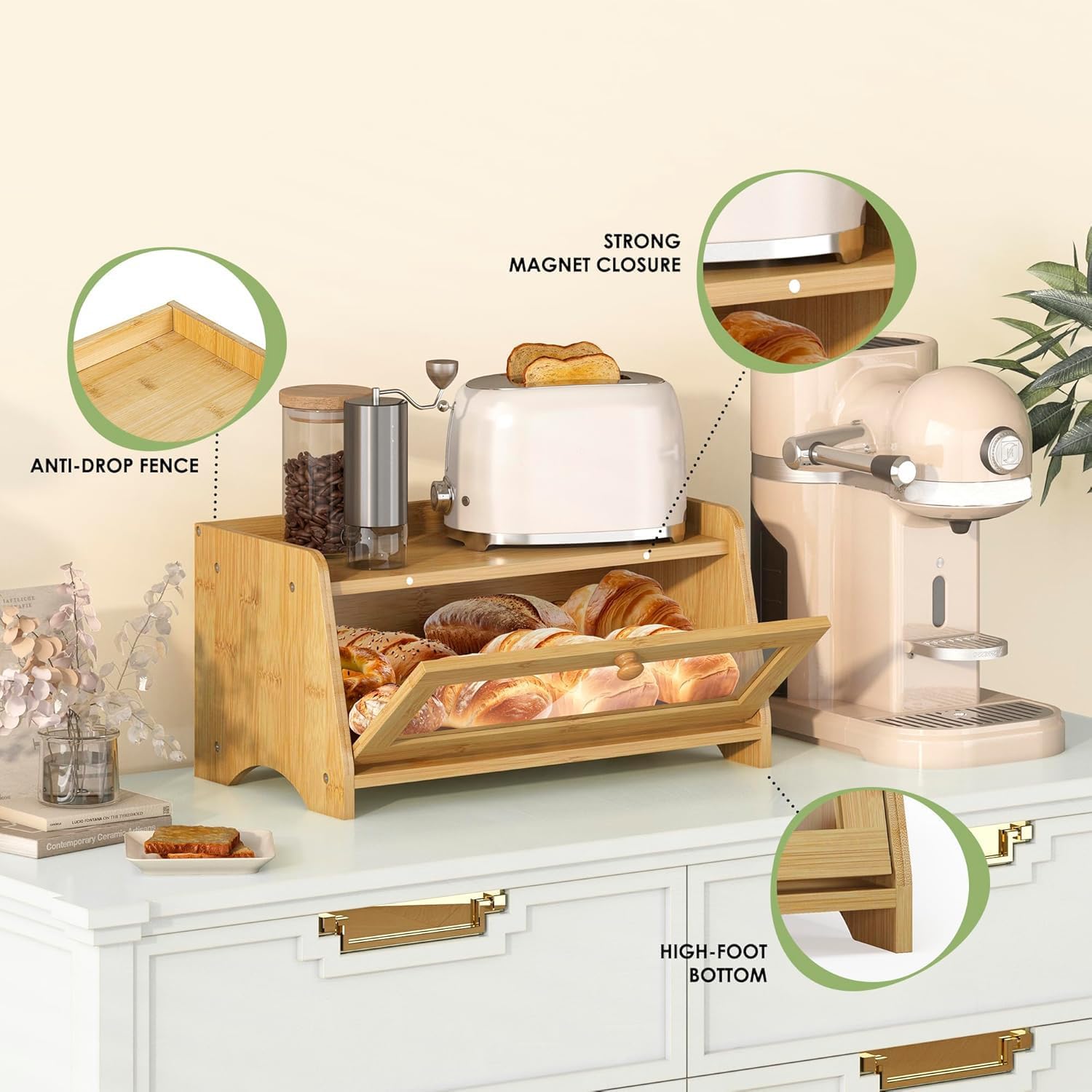 JANSNIMEN Bread Box for Kitchen Countertop, Large Bread Container Storage, Wooden Farmhouse Bread Box with Window Bread