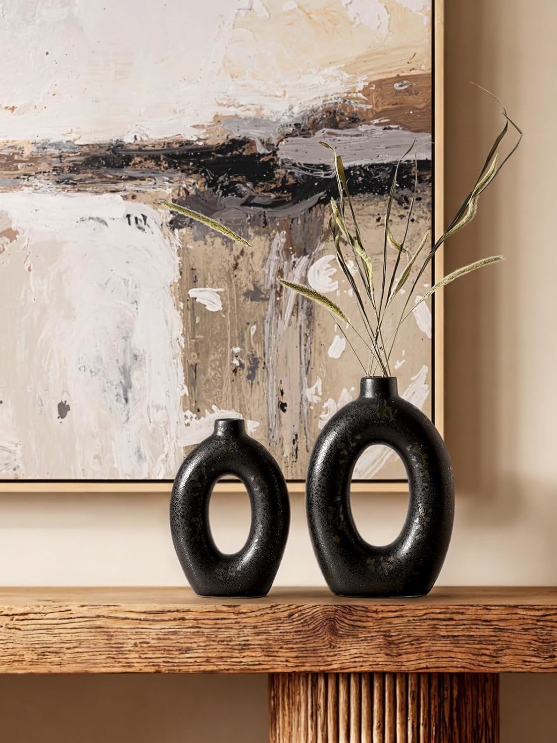 Ceramic Vases / Hollow Donut Flower Vases / Black / 10.5" + 8.5 / Set of 2