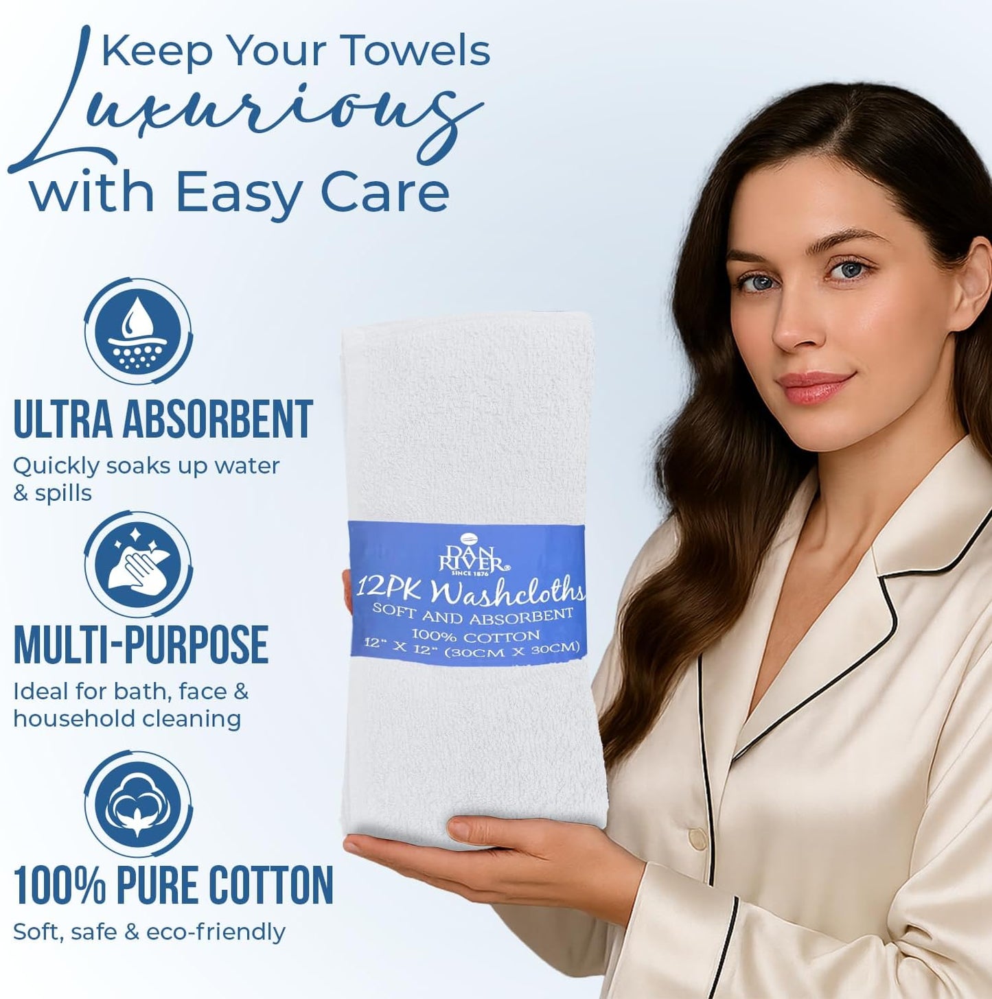 DAN RIVER 24 Pack Cotton Wash Cloths Set for Showering [12x12] White | Lighter Weight, Quick to Dry, Super Soft &