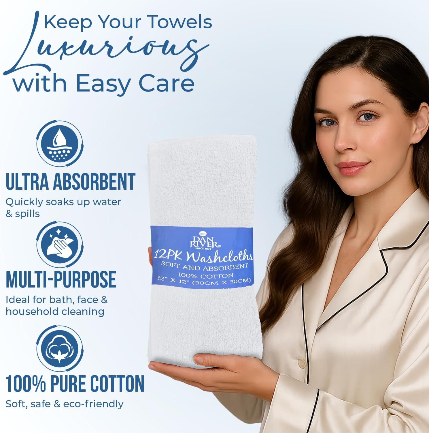 DAN RIVER 24 Pack Cotton Wash Cloths Set for Showering [12x12] White | Lighter Weight, Quick to Dry, Super Soft &