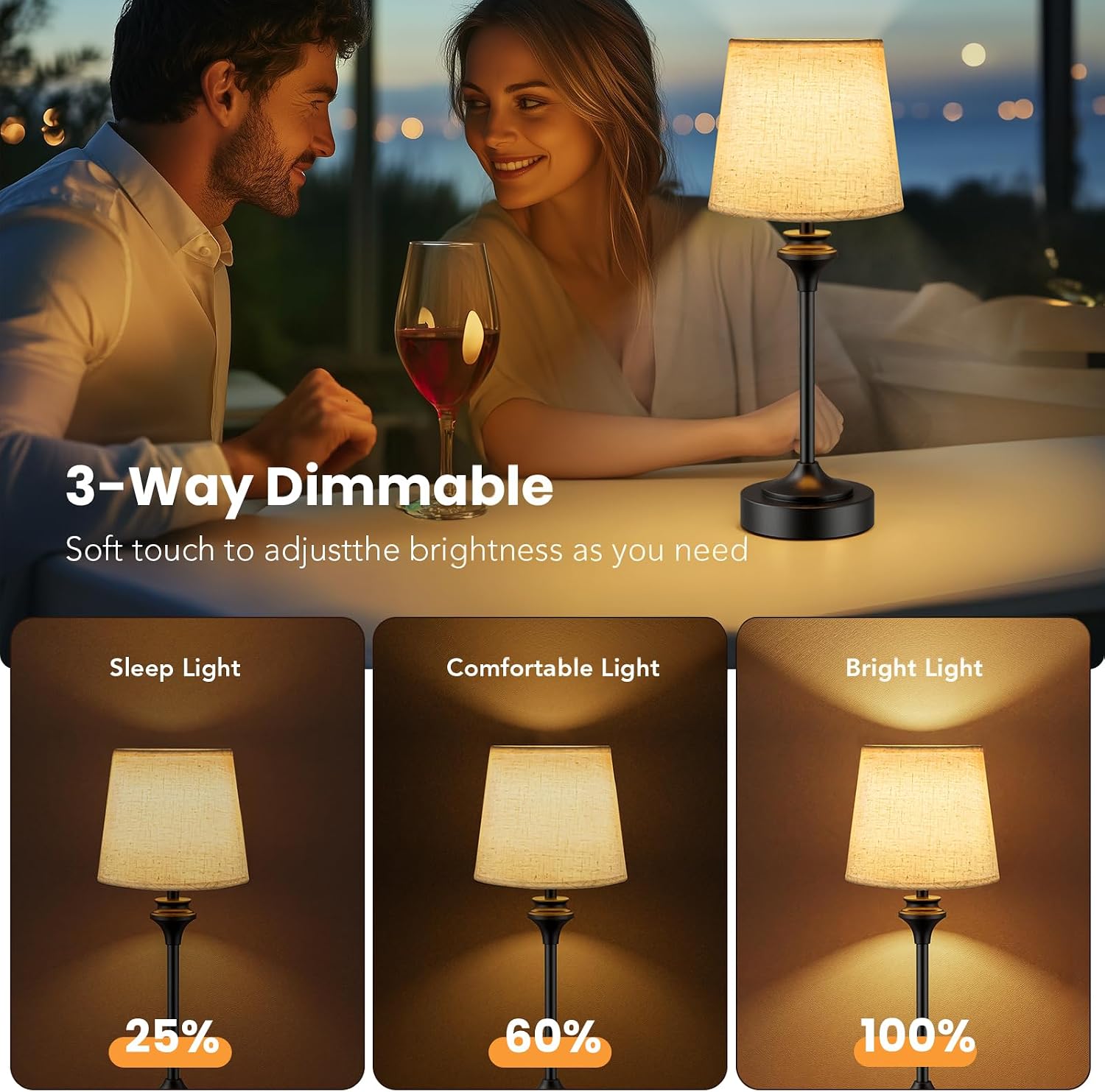 Portables Cordless Table Lamp Set of 2, Battery Operated Lamp, Bedside Table Lamp with Warm White,3 Way Dimmable Touch
