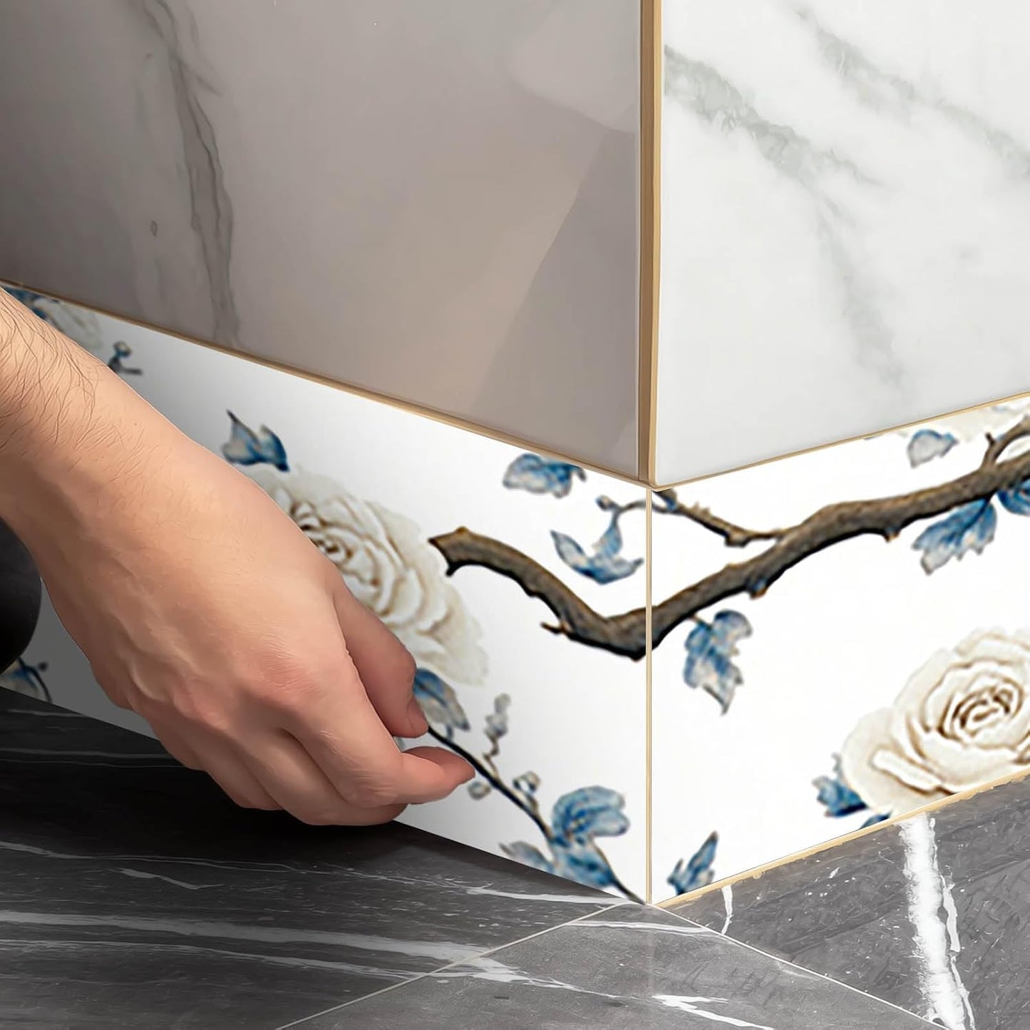 Wallpaper Border Peel and Stick PVC Rose and Branch Design / White Rose Branch / 4 x 196