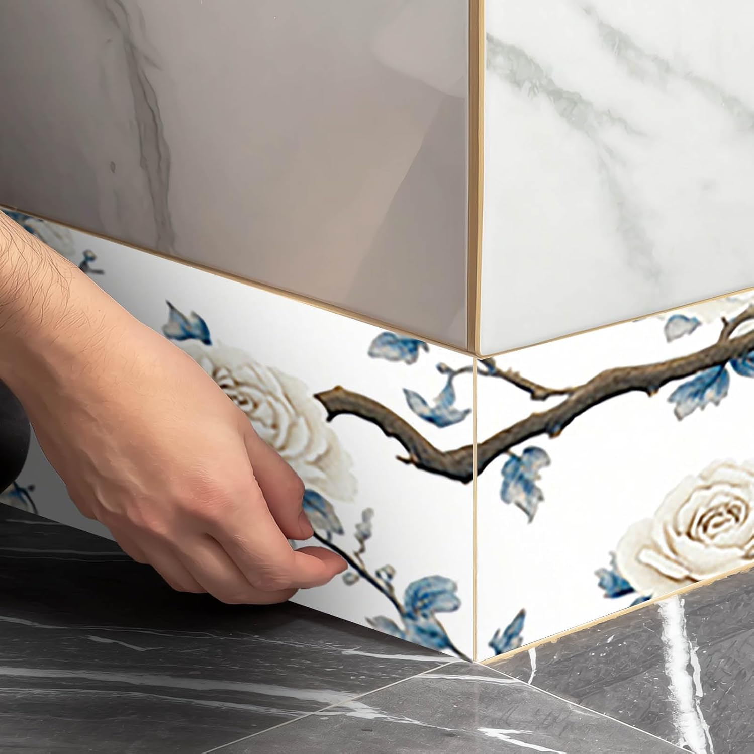 Wallpaper Border Peel and Stick PVC Rose and Branch Design / White Rose Branch / 4 x 196