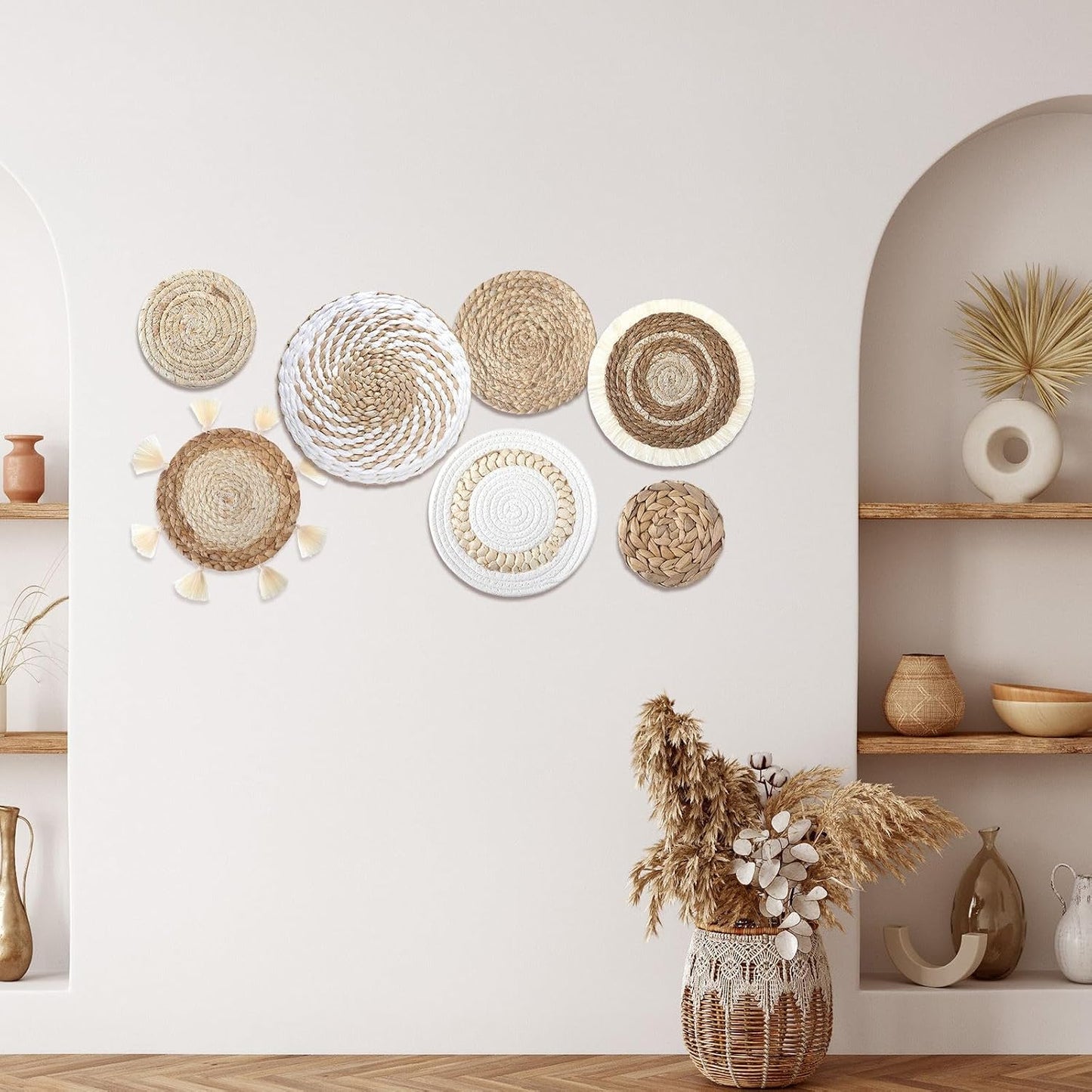 Boho Wall Baskets Decor Hanging Rustic Rattan Wicker Wall Basket for Farmhouse Living / Set of 7