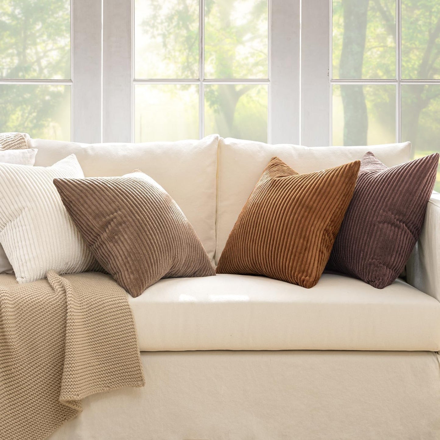 Boho Farmhouse Throw Pillow Covers Rustic Mordern Neutral Cushion / 18 x 18 / Brown / Set of 4