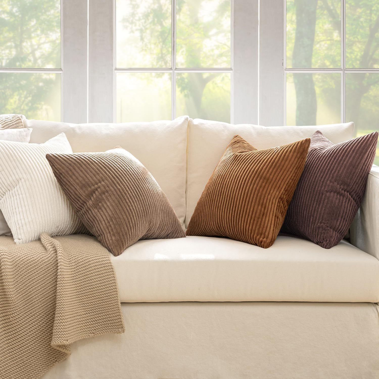 Boho Farmhouse Throw Pillow Covers Rustic Mordern Neutral Cushion / 18 x 18 / Brown / Set of 4