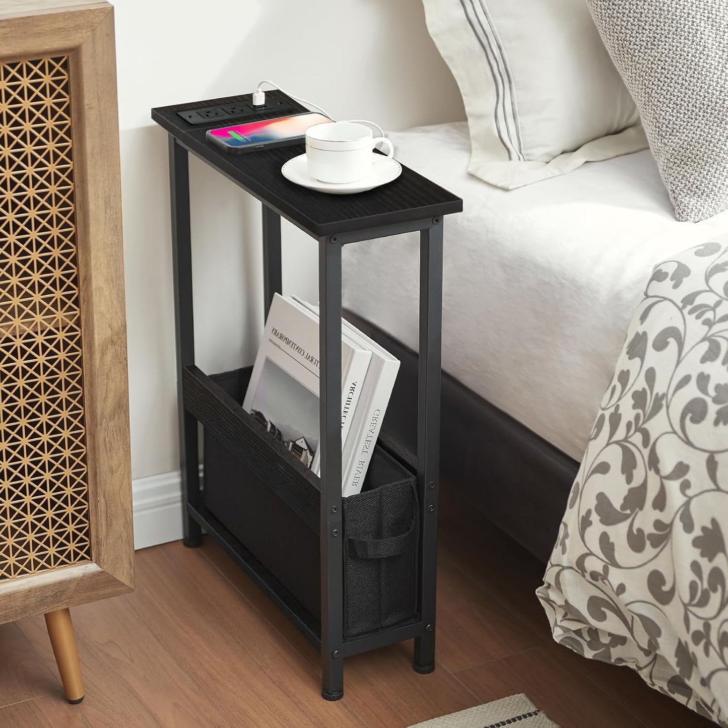 BAMGROW Slim Charging End Table with Storage - for Small Spaces and Bedroom (Black)