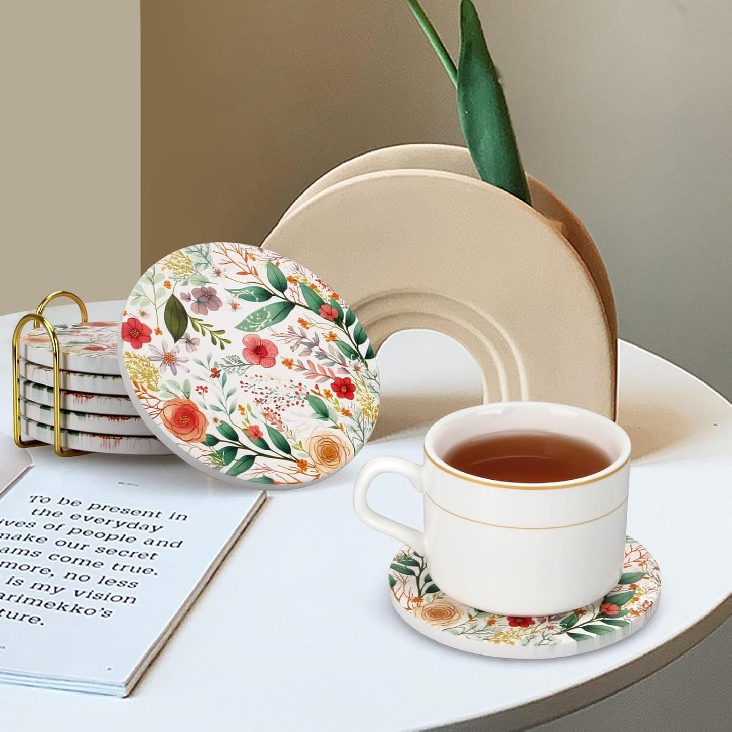 Holder Funny Ceramic Absorbent Coaster Decorative Coffee Table Decor / Flower 1 / Set of 6