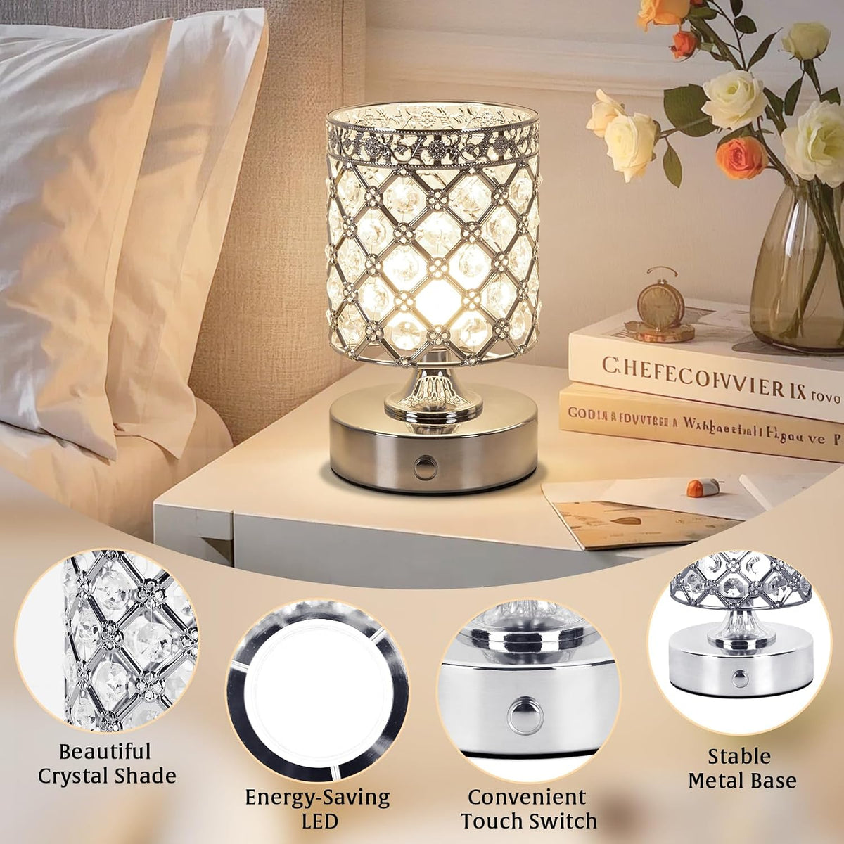 Silver Small Crystal Rechargeable Cordless Table Lamps Set of 2 | 6000mAh Battery, 3 Color Temps, Stepless Dimming