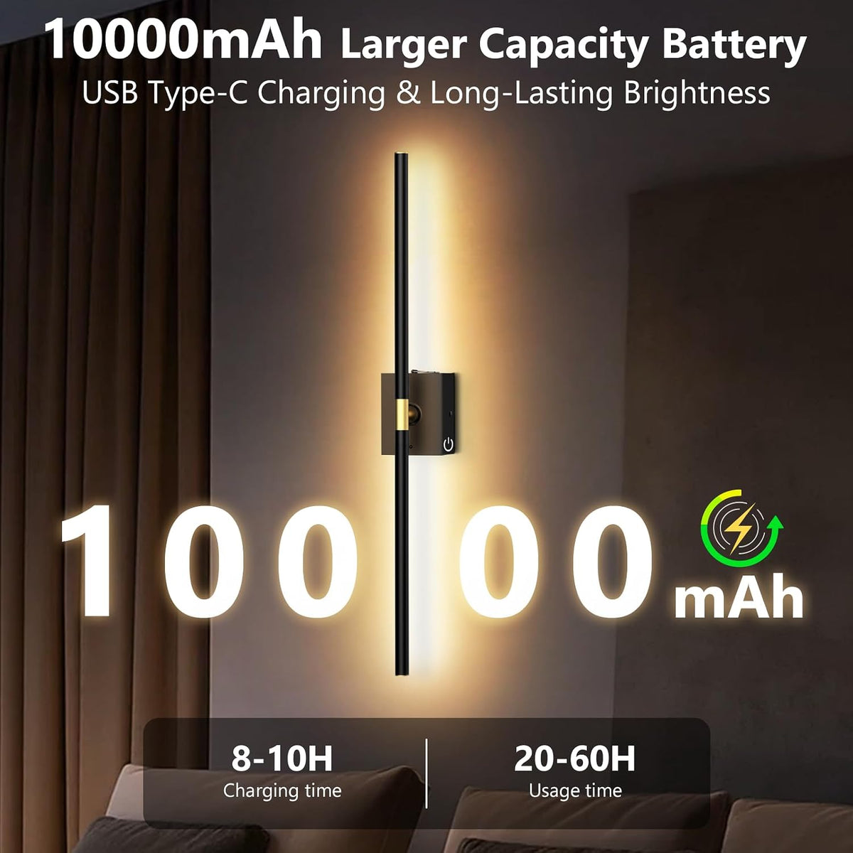 Eneru Battery Operated Wall Sconce, Rechargeable Wireless Light 1 Pack 4CCT | 10000mAh Battery Powered, Touch and