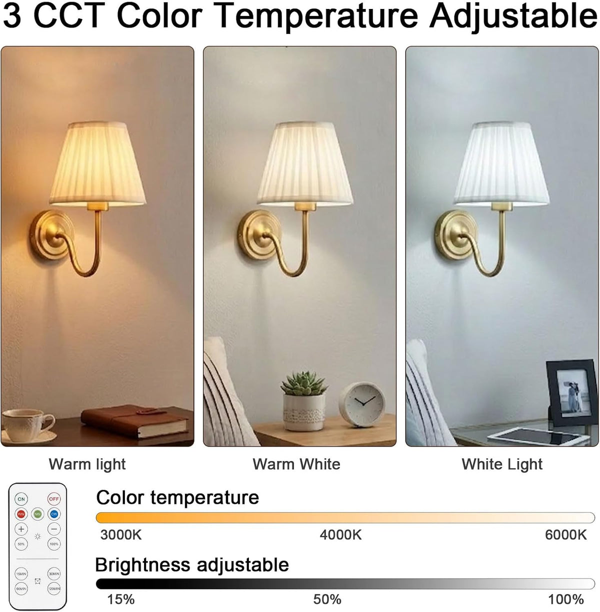 Gold Wireless Wall Sconce Set of 2, Battery Operated Wall Lights with Remote Control & 3 CCT Color Temperature Dimmable