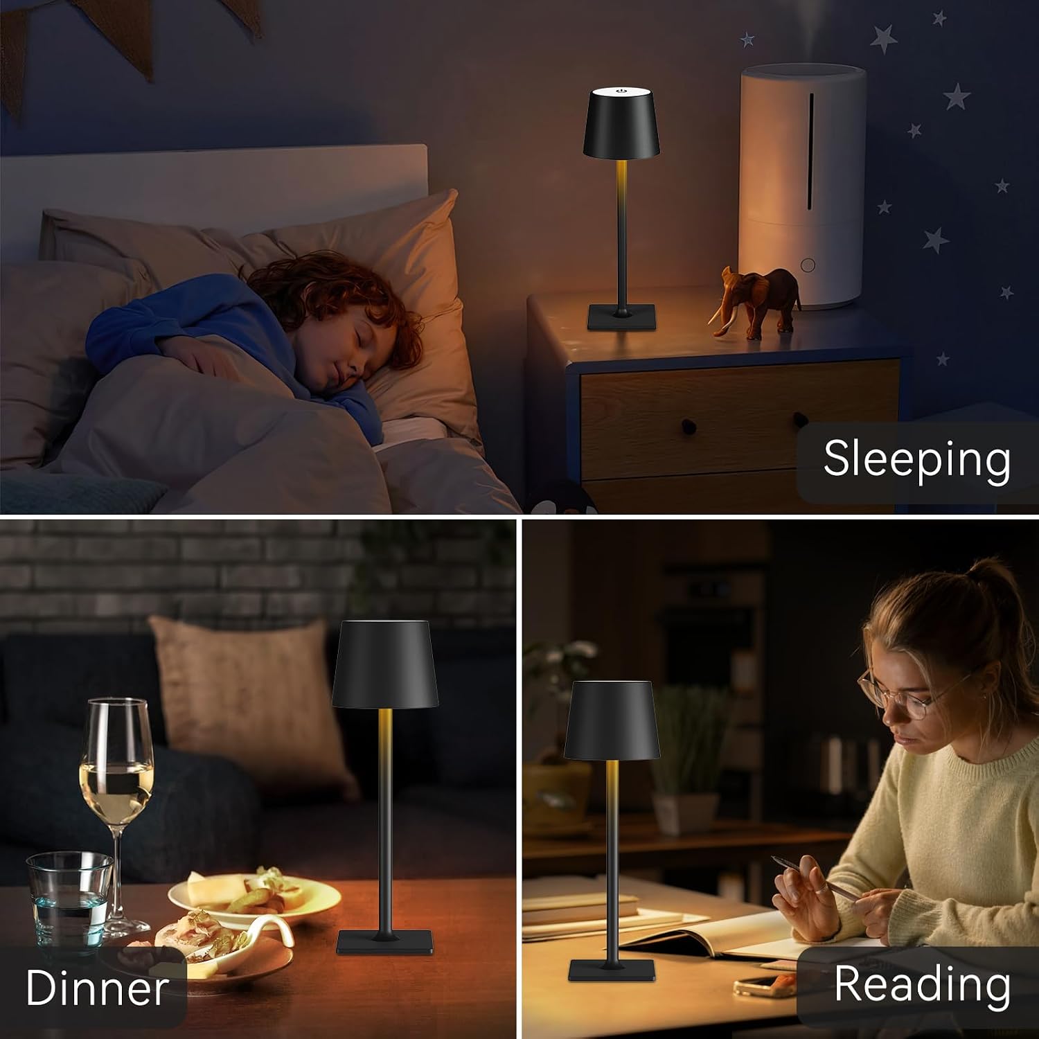 Yogaret Black Cordless Table Lamps, 6000mAh Rechargeable Battery LED Lights | Set of 4 battery operated lamps wireless
