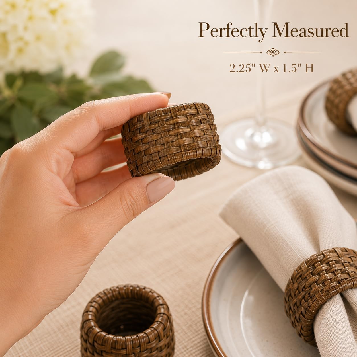 Jute Cane Napkin Rings, Woven, 12-Pack, Walnut | Plastic & cane, 2.25x2.25x1.5 in each, reusable, farmhouse, boho