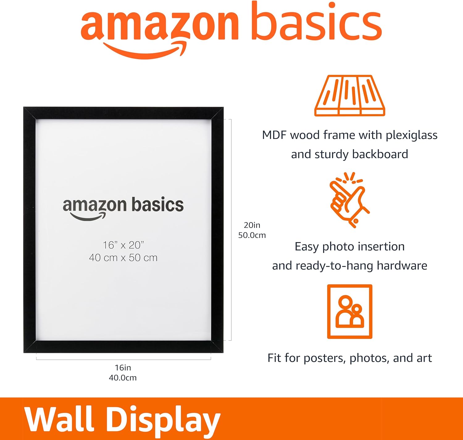 Amazon Basics Wood Poster Rectangular Frame, 16" x 20", Black