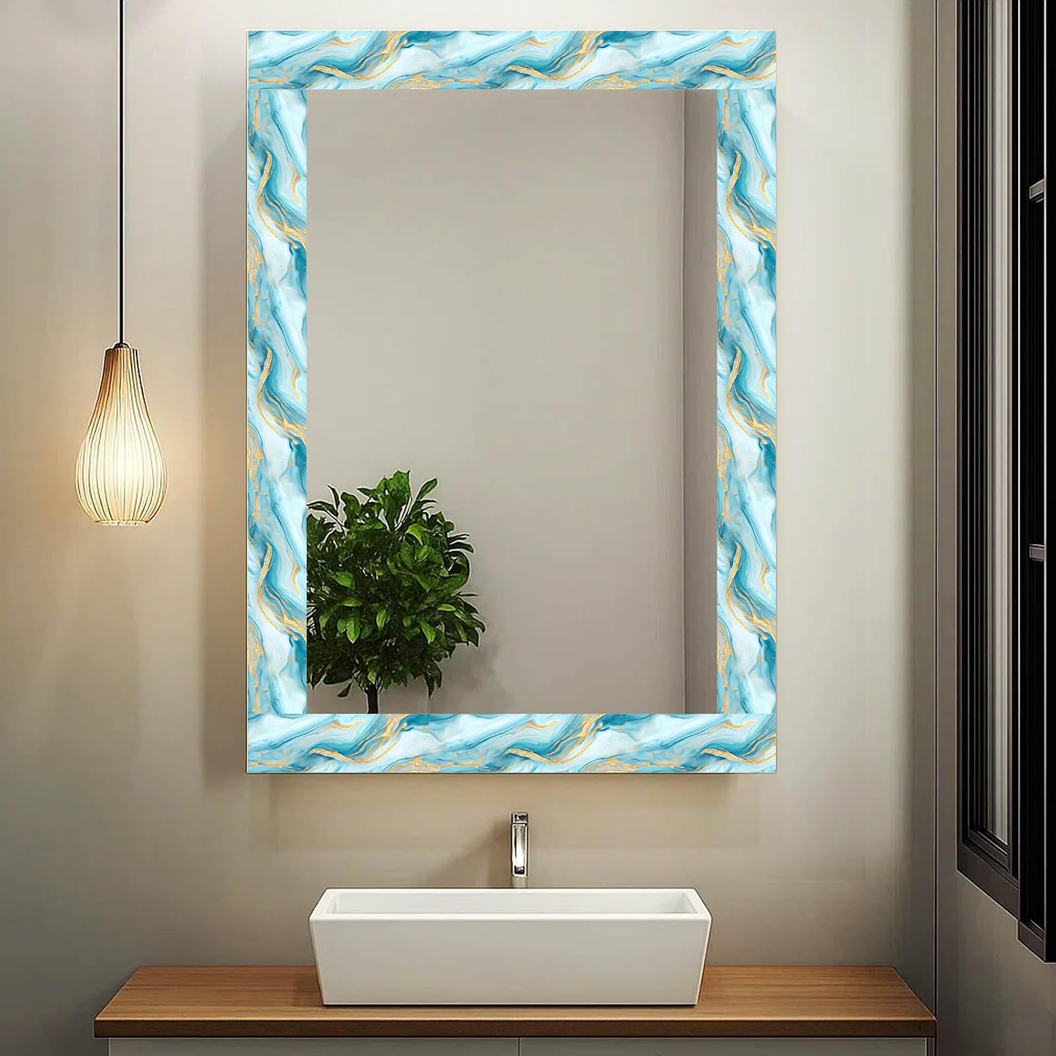 Wallpaper Border Peel and Stick Blue Gold Marble Pattern Mirror Frame / Ocean Gold Marble / 196 x 4