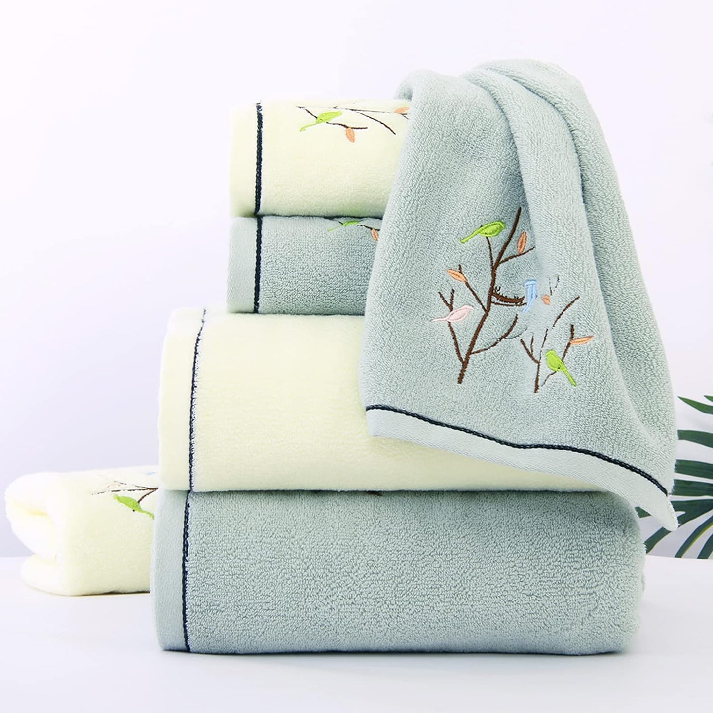 Bath Towel Embroidered Bird Tree Pattern 100% Cotton Soft Absorbent Decorative Towels for Bathroom 27.6 x 55 Inch
