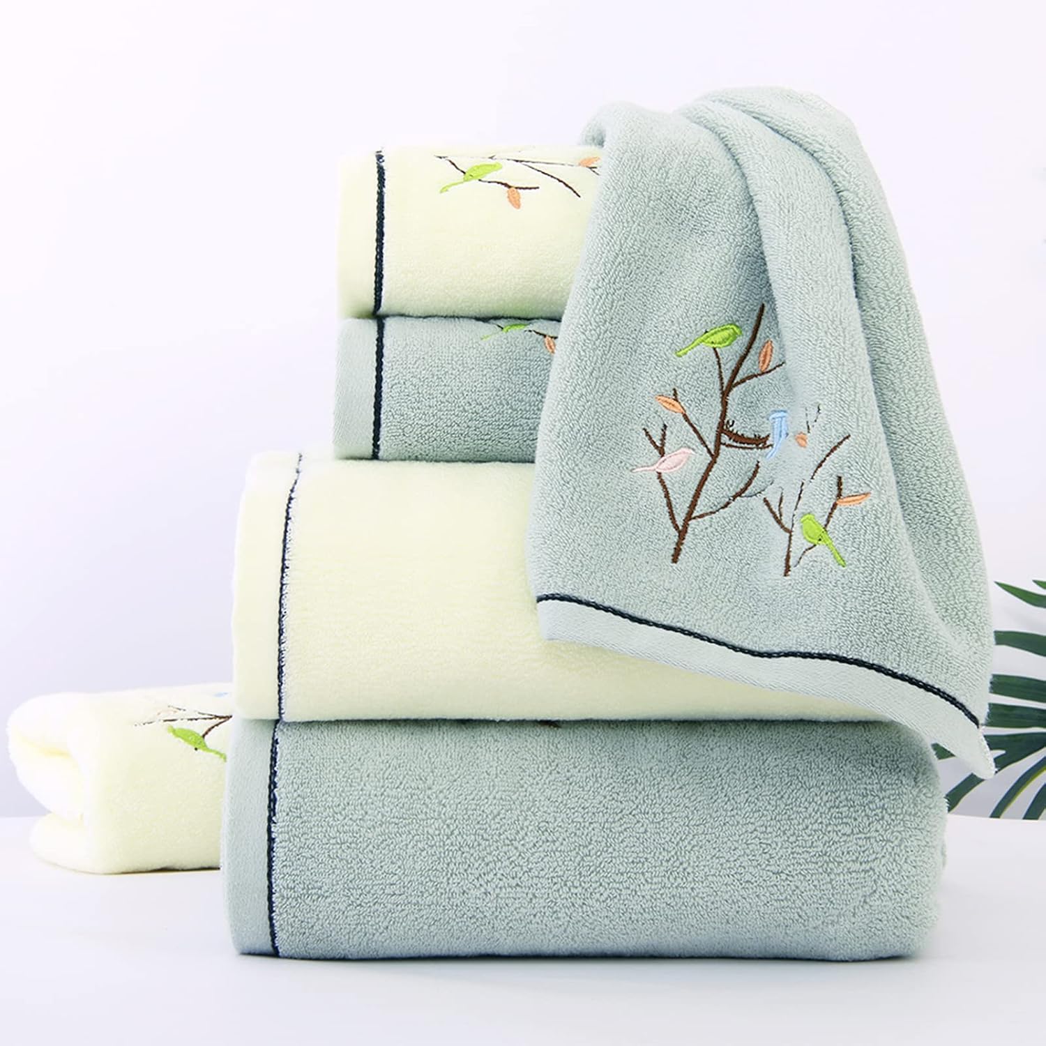 Bath Towel Embroidered Bird Tree Pattern 100% Cotton Soft Absorbent Decorative Towels for Bathroom 27.6 x 55 Inch