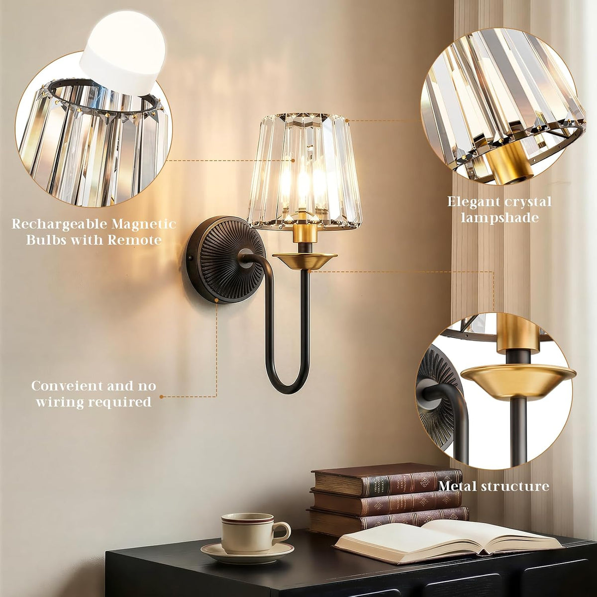 Black and Gold Battery Operated Wall Sconces Set of Two, Crystal Wireless Rechargeable Wall Lights with Remote