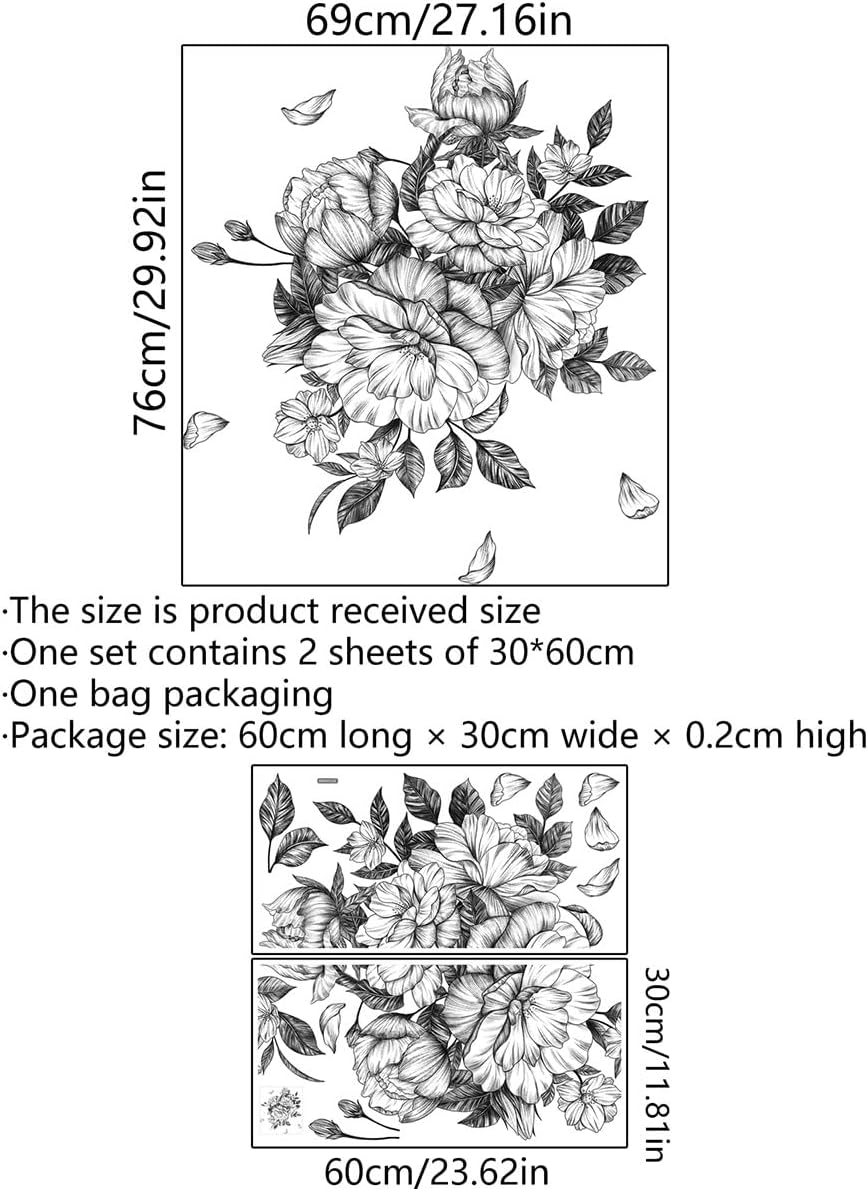 Black and White Floral Wall Decals Peony Flower Wall Stickers Living Room Bedroom / Black Floral