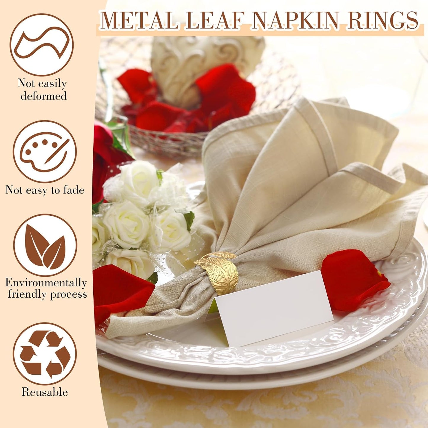 100 Pcs Gold Napkin Rings, Metal Leaf Shaped Holders for Wedding | Shiny Leaf Design, For Celebrations Receptions