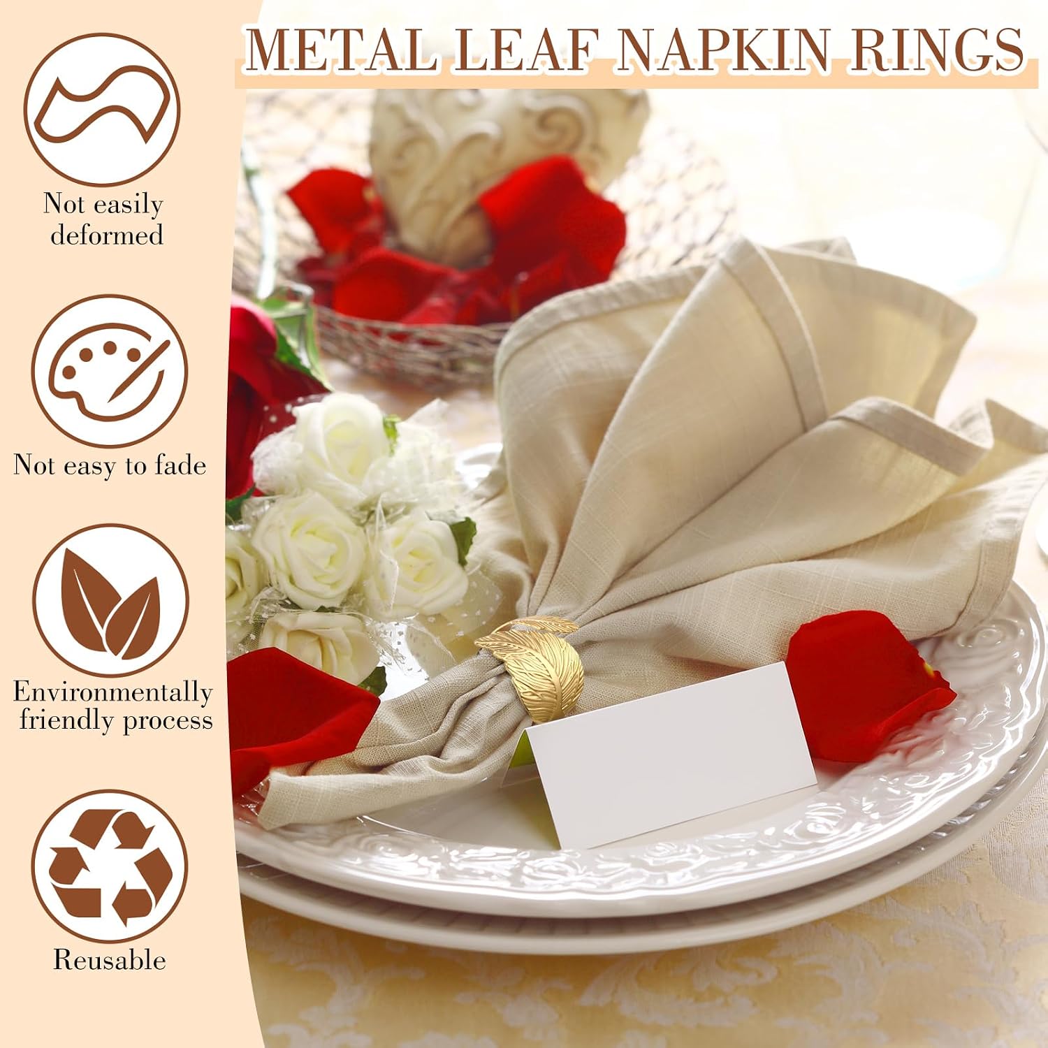100 Pcs Gold Napkin Rings, Metal Leaf Shaped Holders for Wedding | Shiny Leaf Design, For Celebrations Receptions