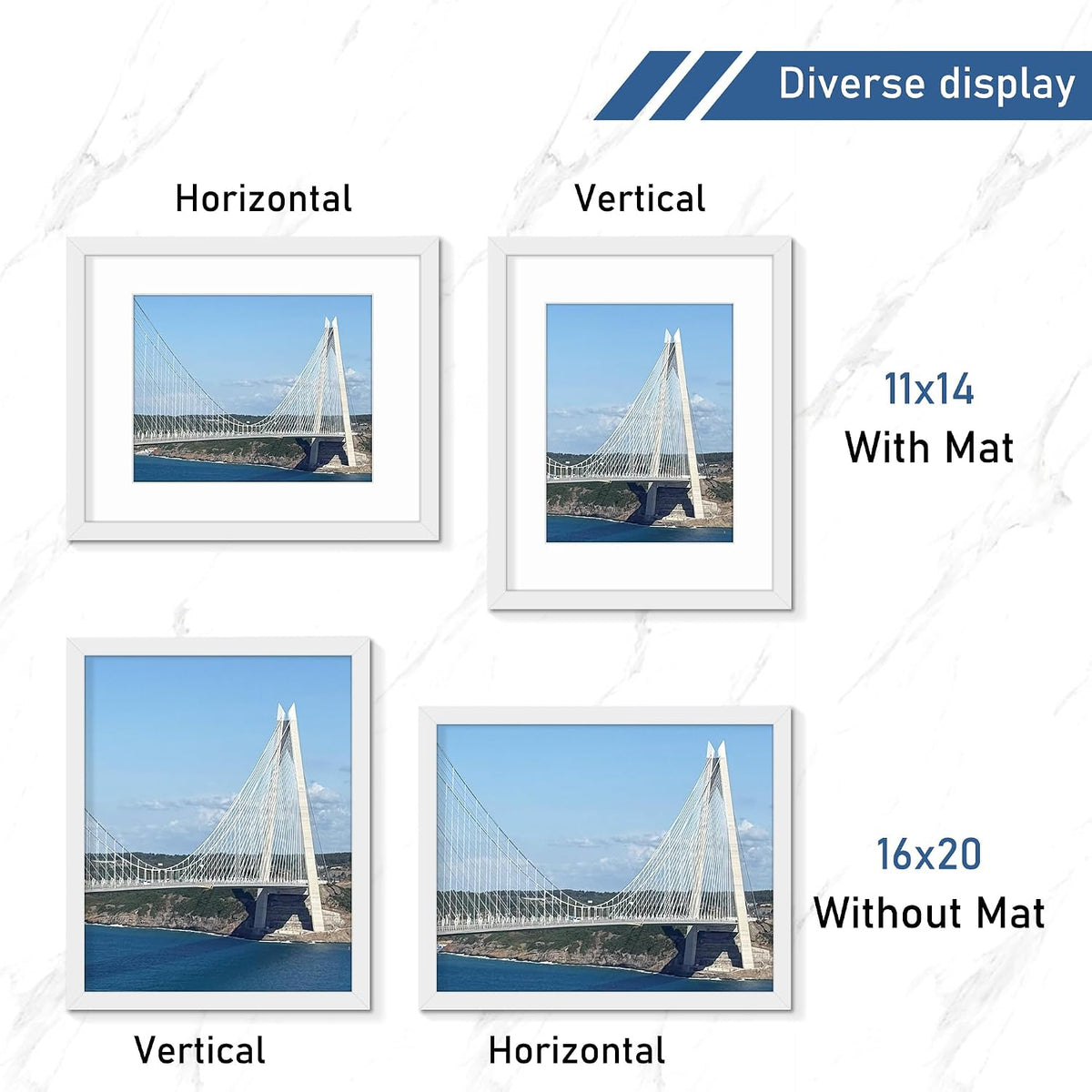 Wiscet 16x20 Picture Frame, White, 4 Pack | Display Picture 11x14 with Mat or 16x20 Poster Frame without Mat