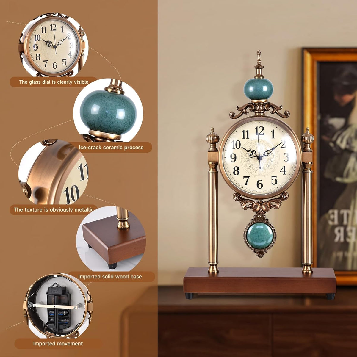 Vintage Mantel Clock, Silent Non-Ticking Table Clock with Pendulum, Luxury Metal & Wood Desk Clock for Living Room