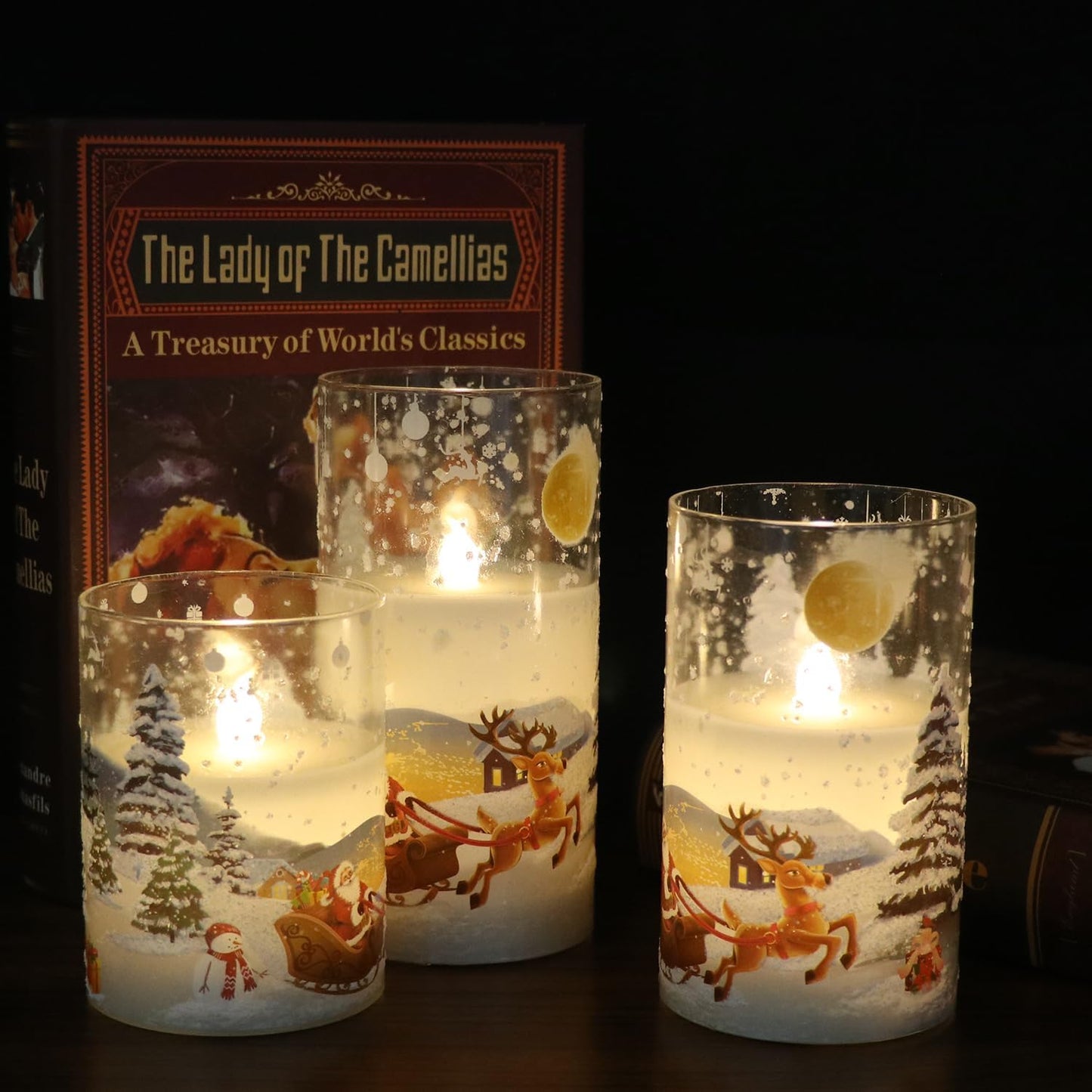 Santa Claus Glass Flameless Candles Battery Operated Remote and Timer Real Wax LED Flickering Pillar Candles White Cold