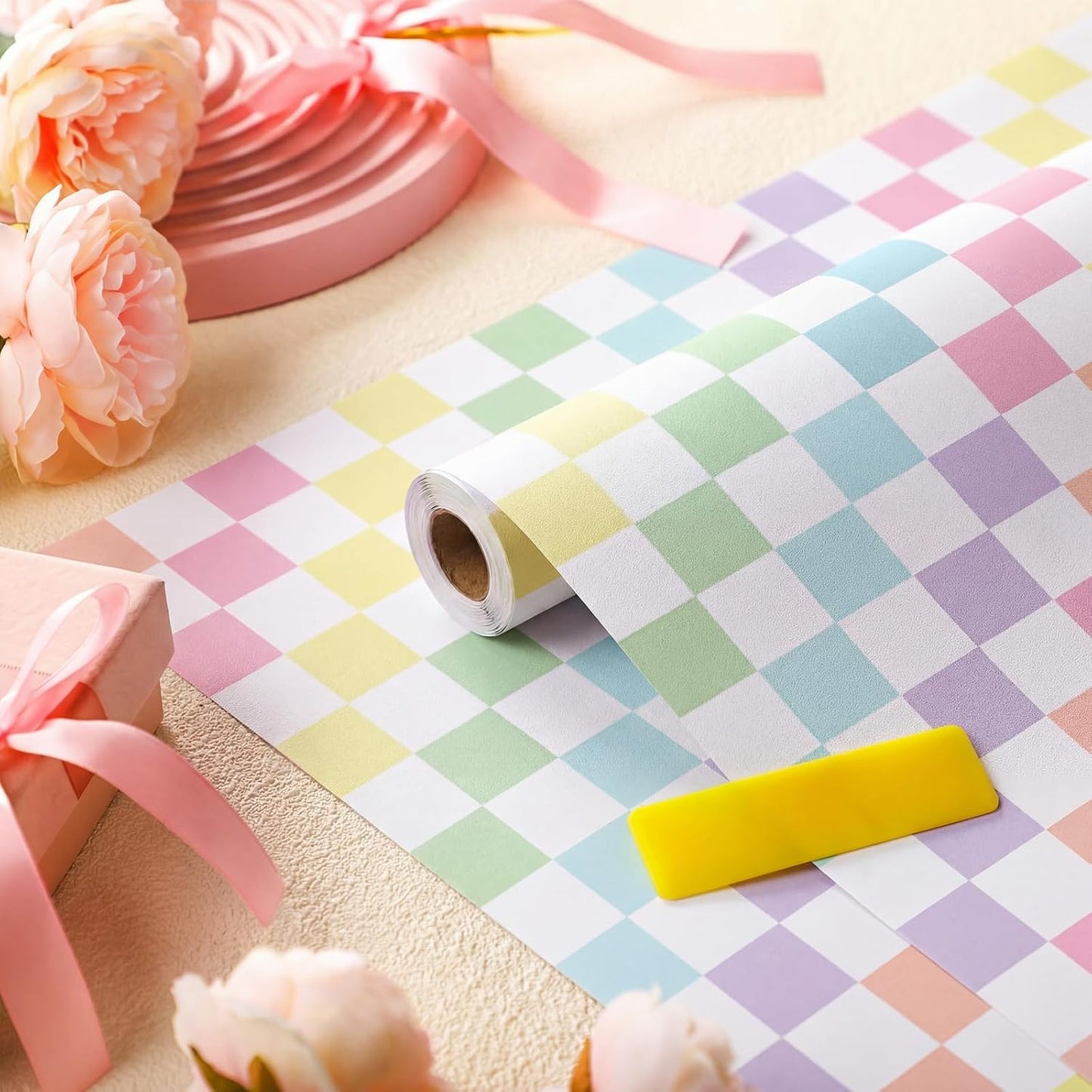 Checkers Wallpaper Peel Stick Contact Paper in Rainbow Checkered / Pastel / 15.8 x 118.1 / Checker