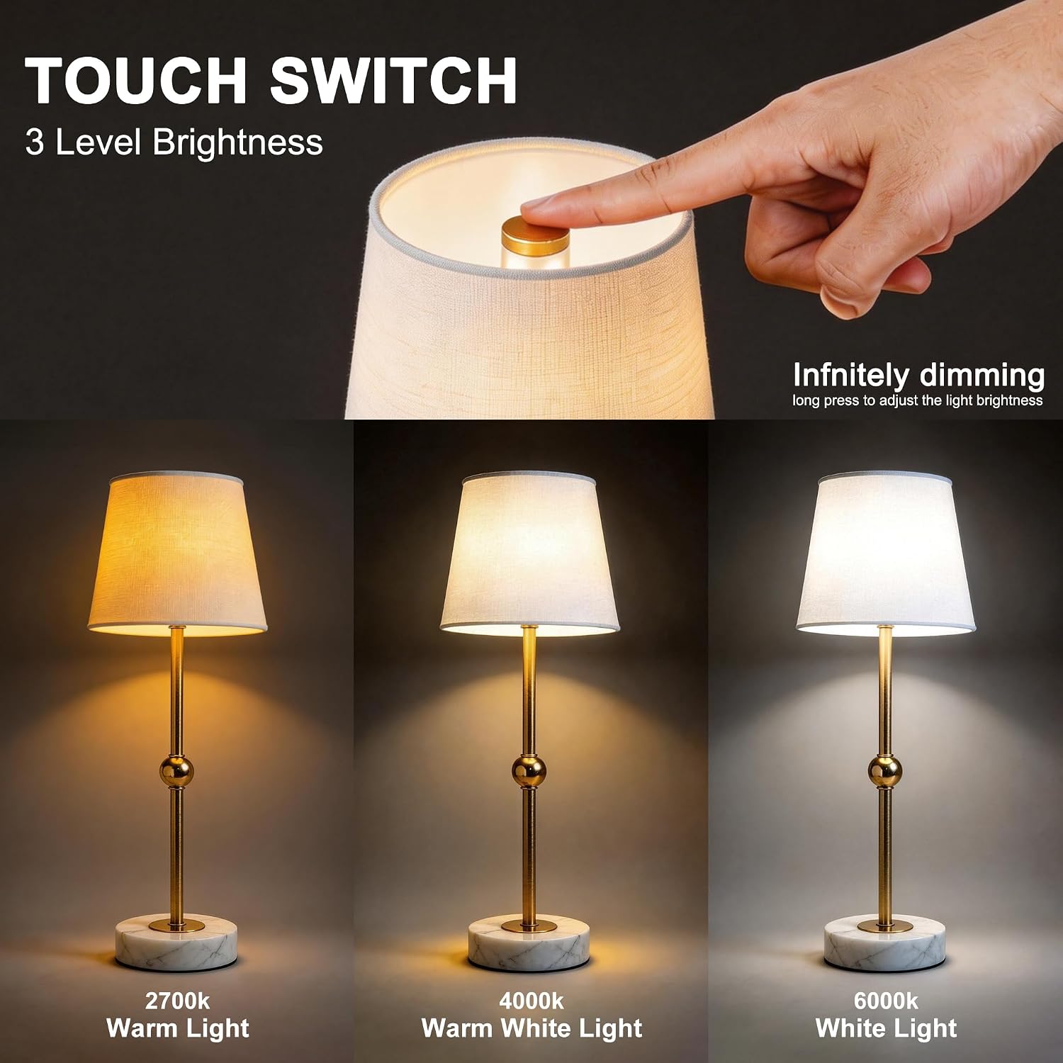 17.5" Cordless Table Lamp – Battery Operated Lamp & Rechargeable Lamp & Dimmable with Detachable Magnetic Bulb, Marble