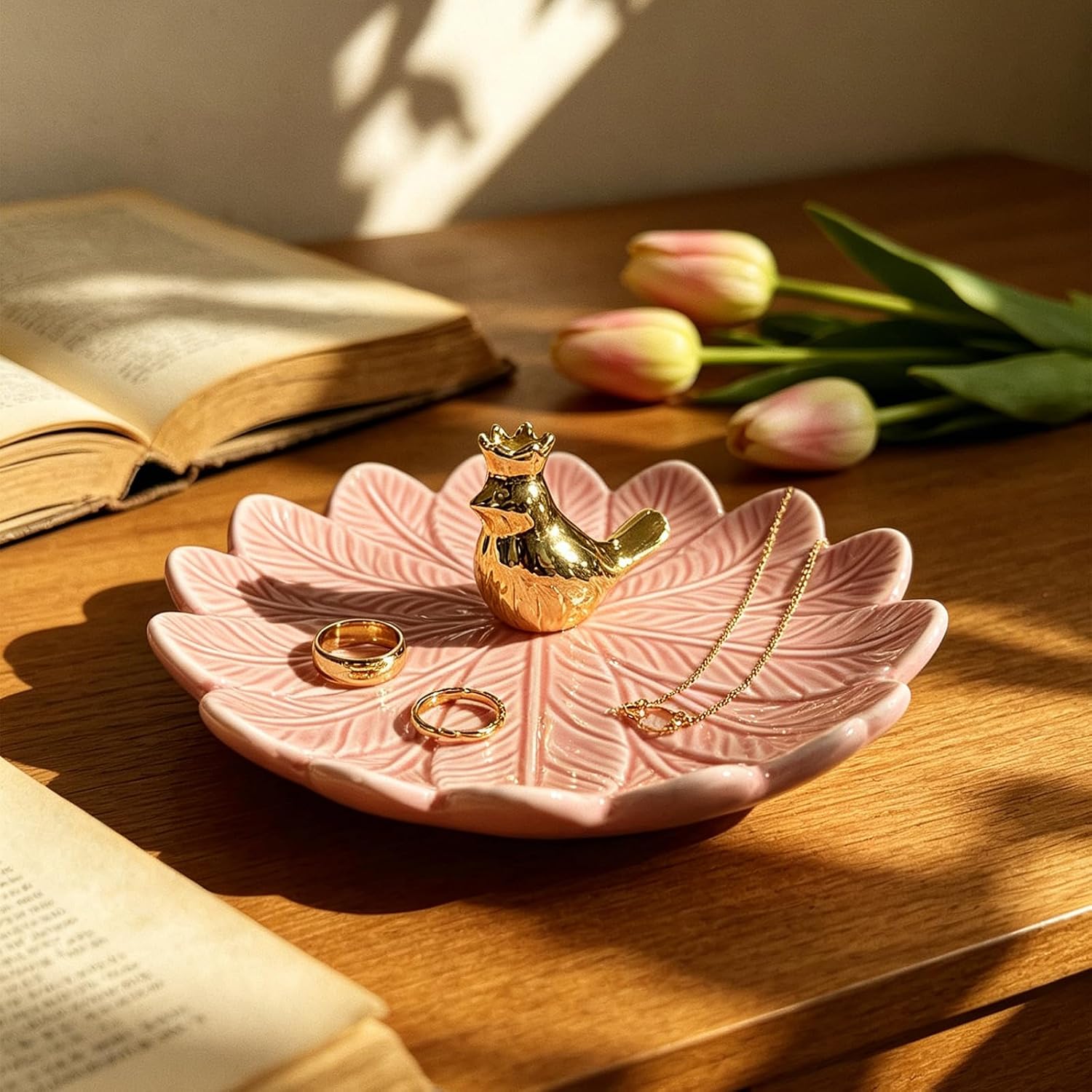 Golden Bird Ceramic Ring Holder Dish for Women / Pink