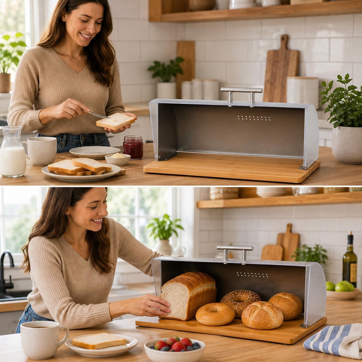 Bread Box for Kitchen Countertop, Modern Stainless Steel Roll-Top L | Clear Acrylic Viewing Door with Frosted Pattern