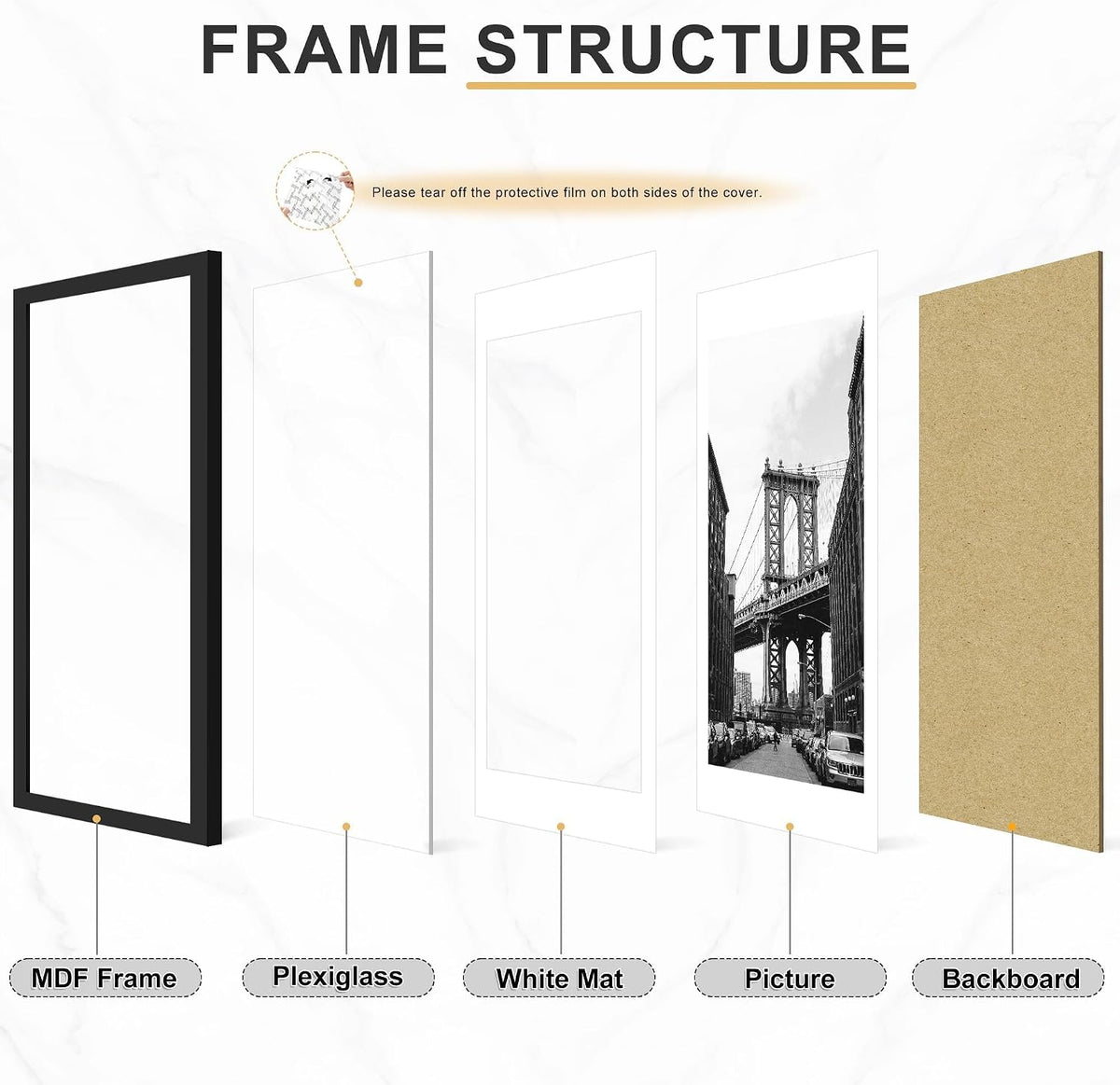 16x20 Picture Frame Set of 7, Black Poster Frames for Wall | Fits 11x14 Photos With Mat or 16x20 Art Prints Without