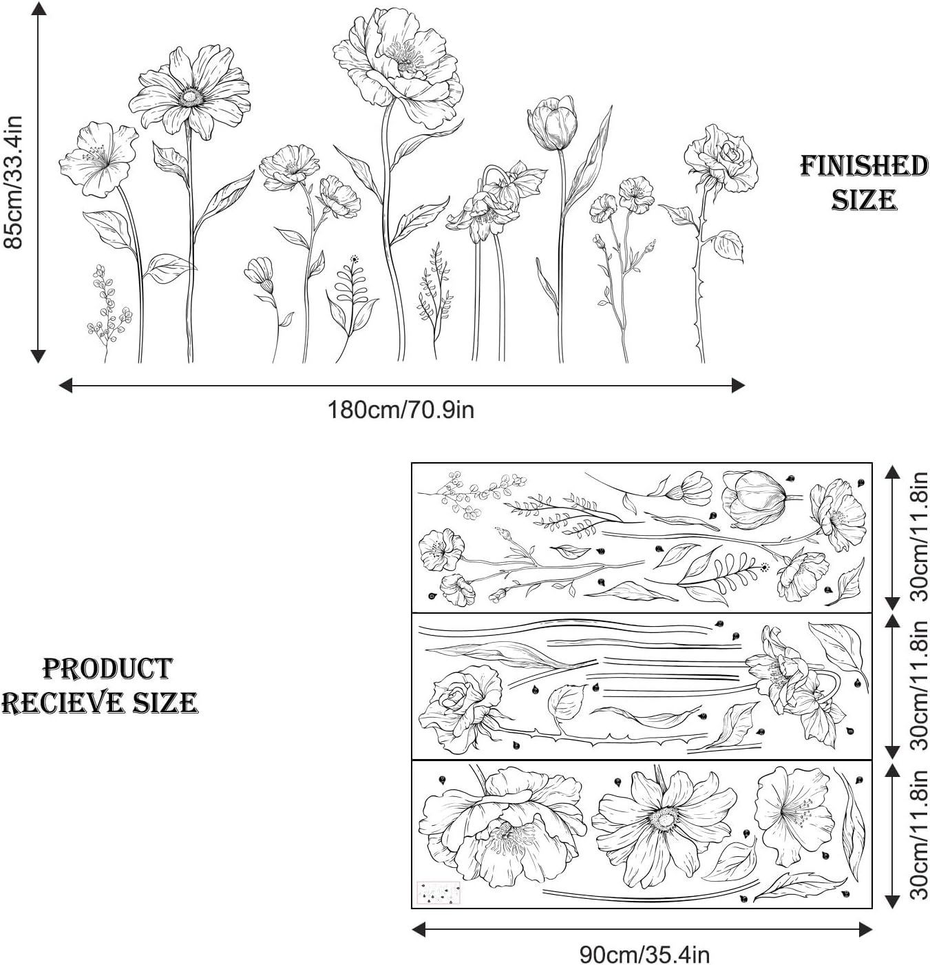 Large Boho Flower Wall Decals / Large Peony Flower Set / Black