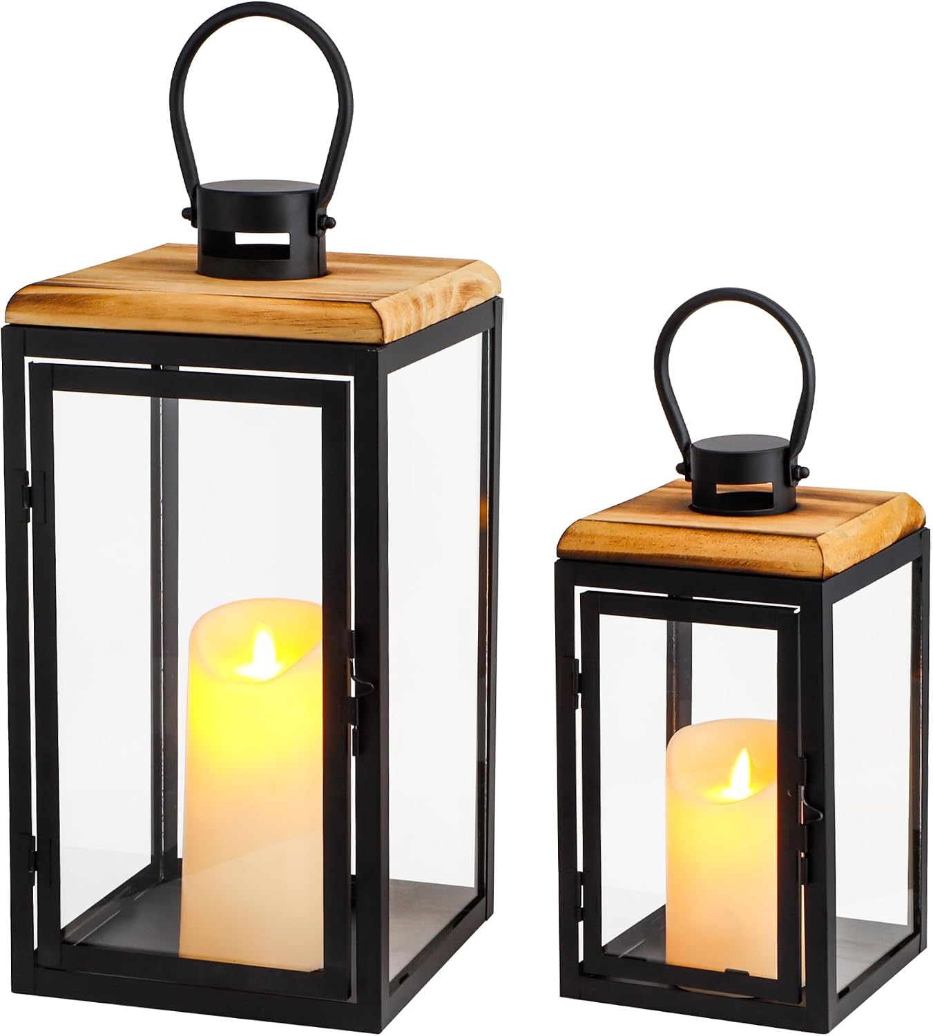 TRIROCKS Set of 2 Decorative Candle Lantern 16'' & 11'' High Metal Candle Holder Hanging Lantern Perfect for Home Decor