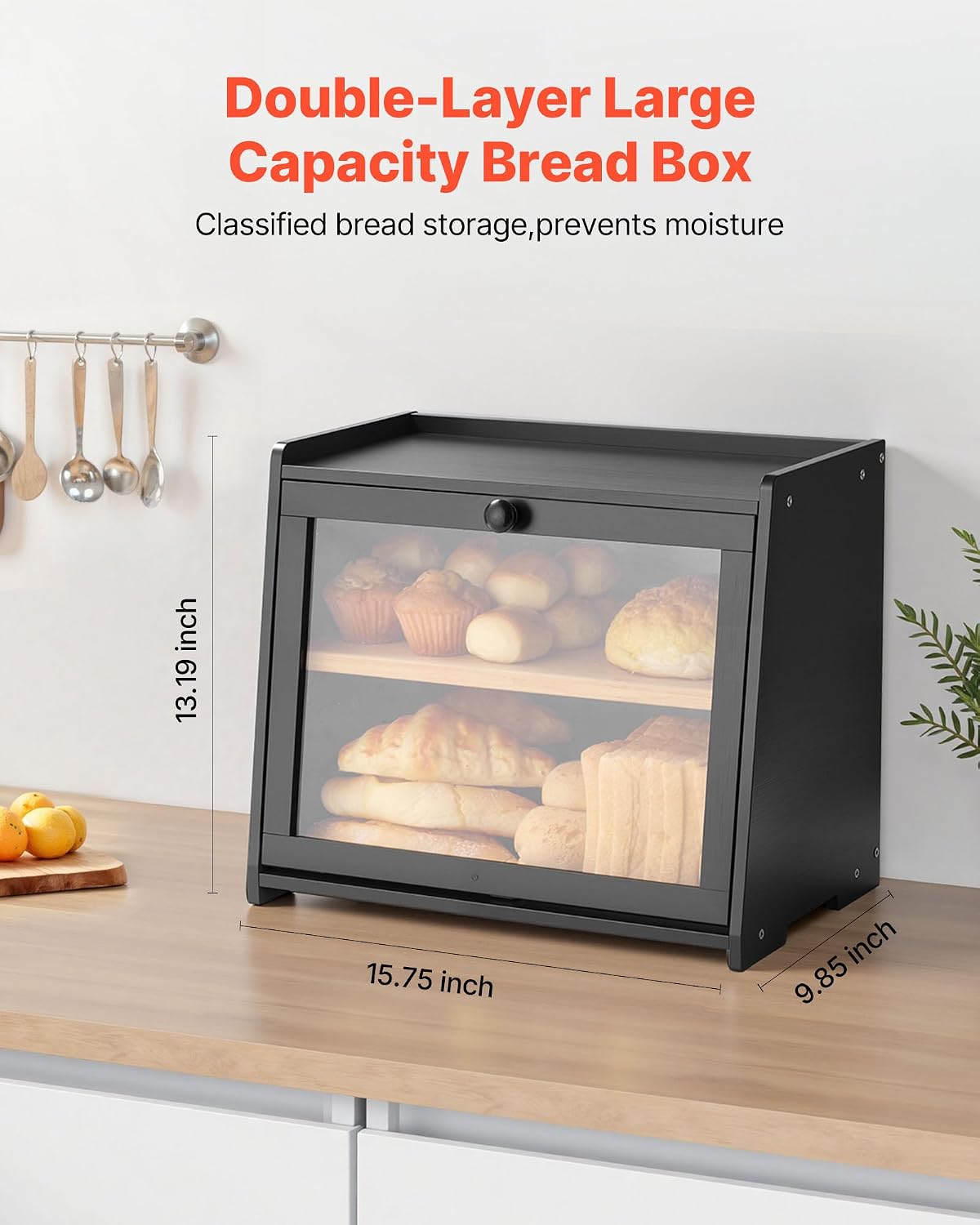 VEVOR Double Layer Bread Box for Kitchen Counter, Large Capacity Bamboo Bread Storage Container, Farmhouse Wooden