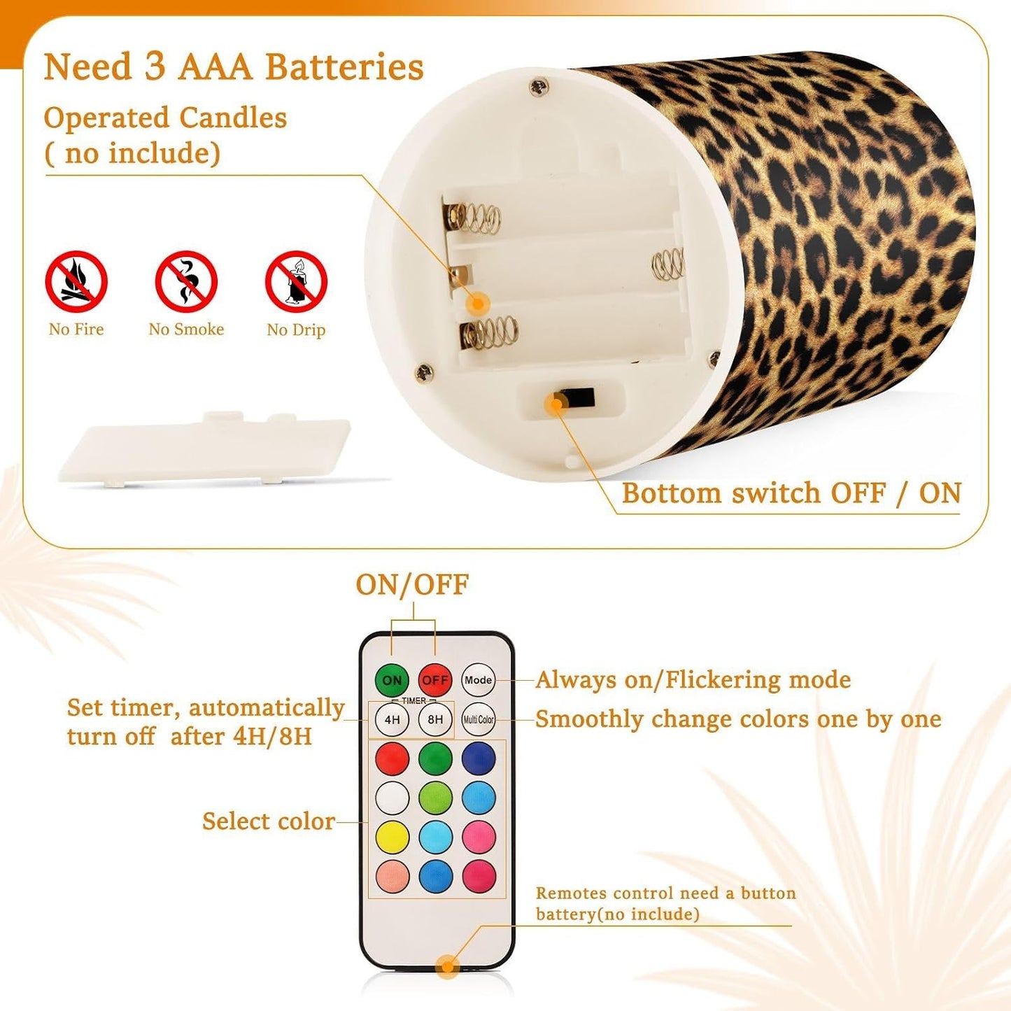 Flickering Flameless Candles, Leopard Texture LED Candles with Remote Timer, Set of 2 Battery Operated Candle for
