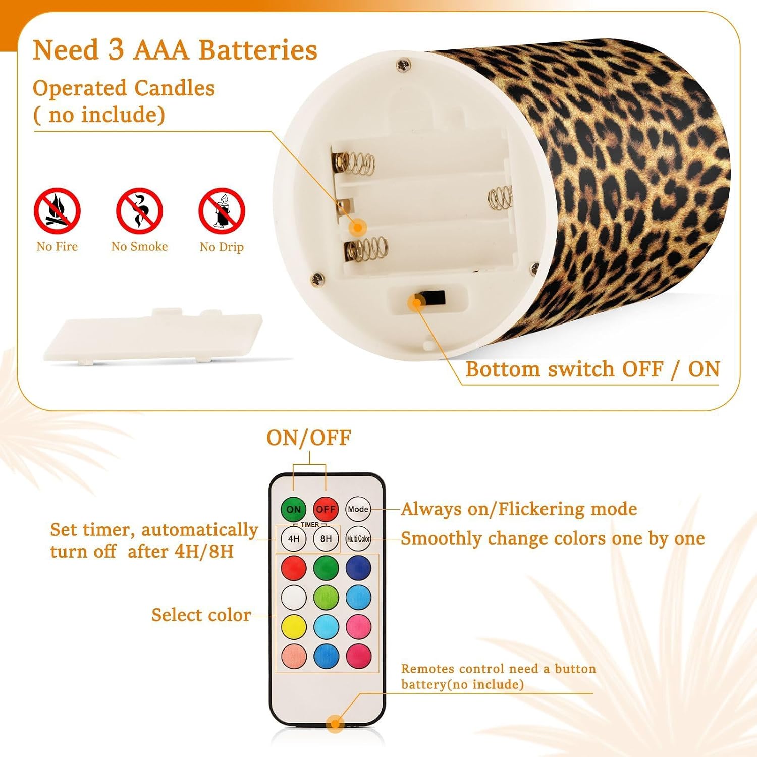 Flickering Flameless Candles, Leopard Texture LED Candles with Remote Timer, Set of 2 Battery Operated Candle for