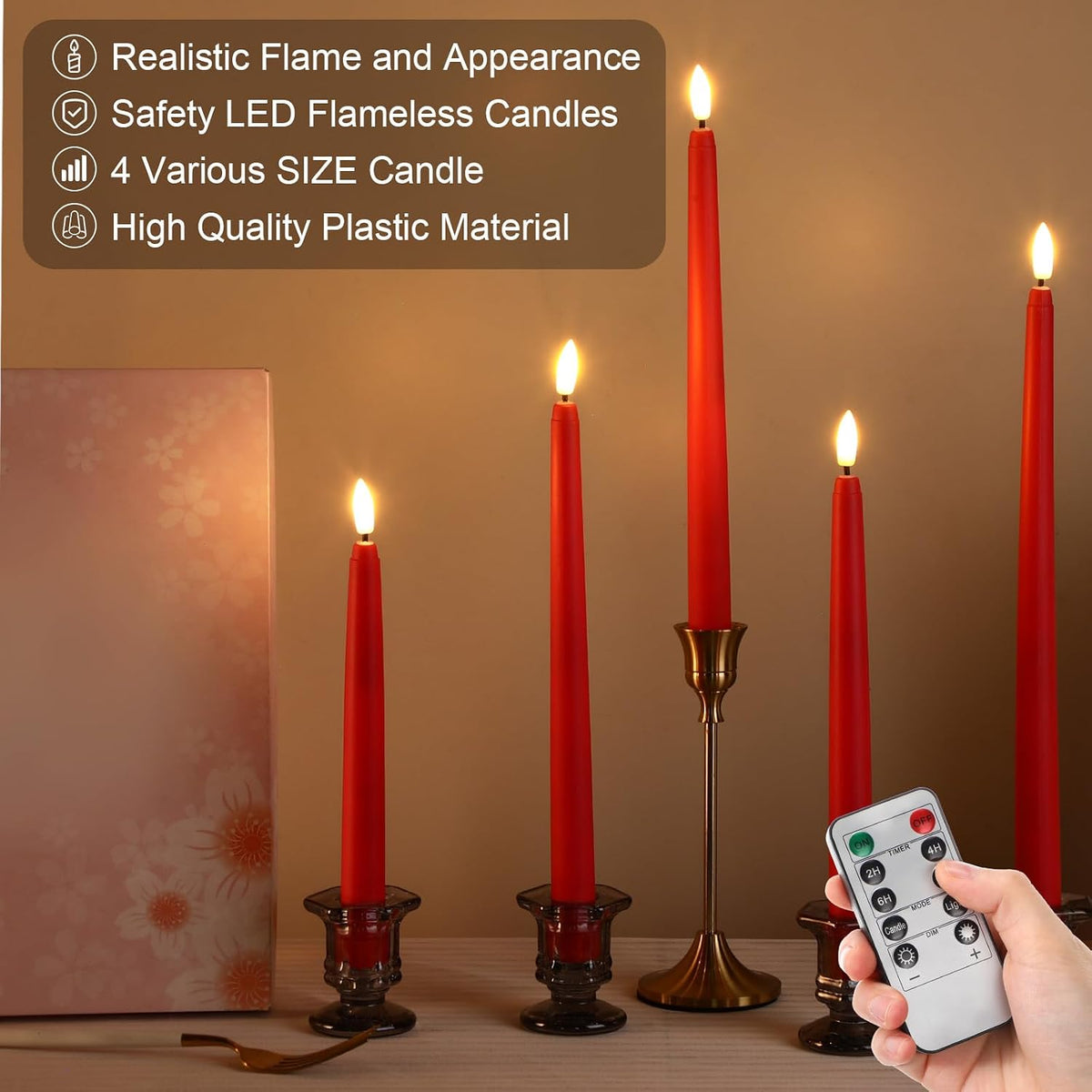 Rossesay 28 Pcs Flameless Taper Candles with Timer Remote 4 Sizes of 8.5", 9.6", 10.83", 12.8" LED Flickering Taper