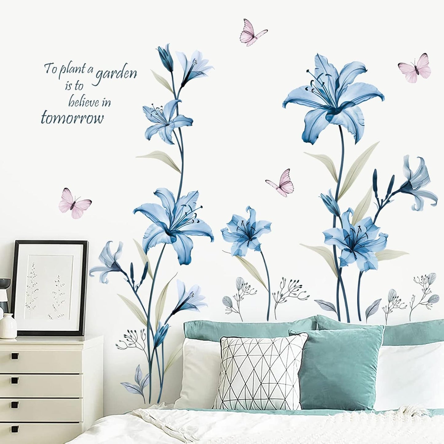 Lily Flower Wall Stickers Floral Butterfly Peel and Stick Wall Art Decals / Blue