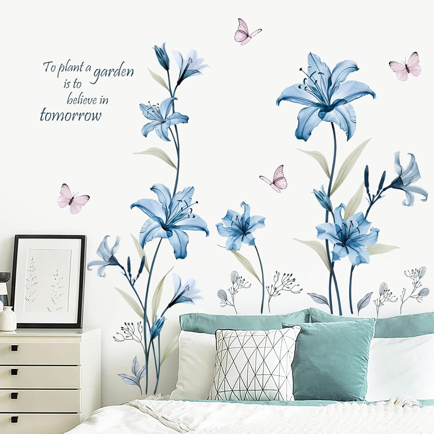 Lily Flower Wall Stickers Floral Butterfly Peel and Stick Wall Art Decals / Blue