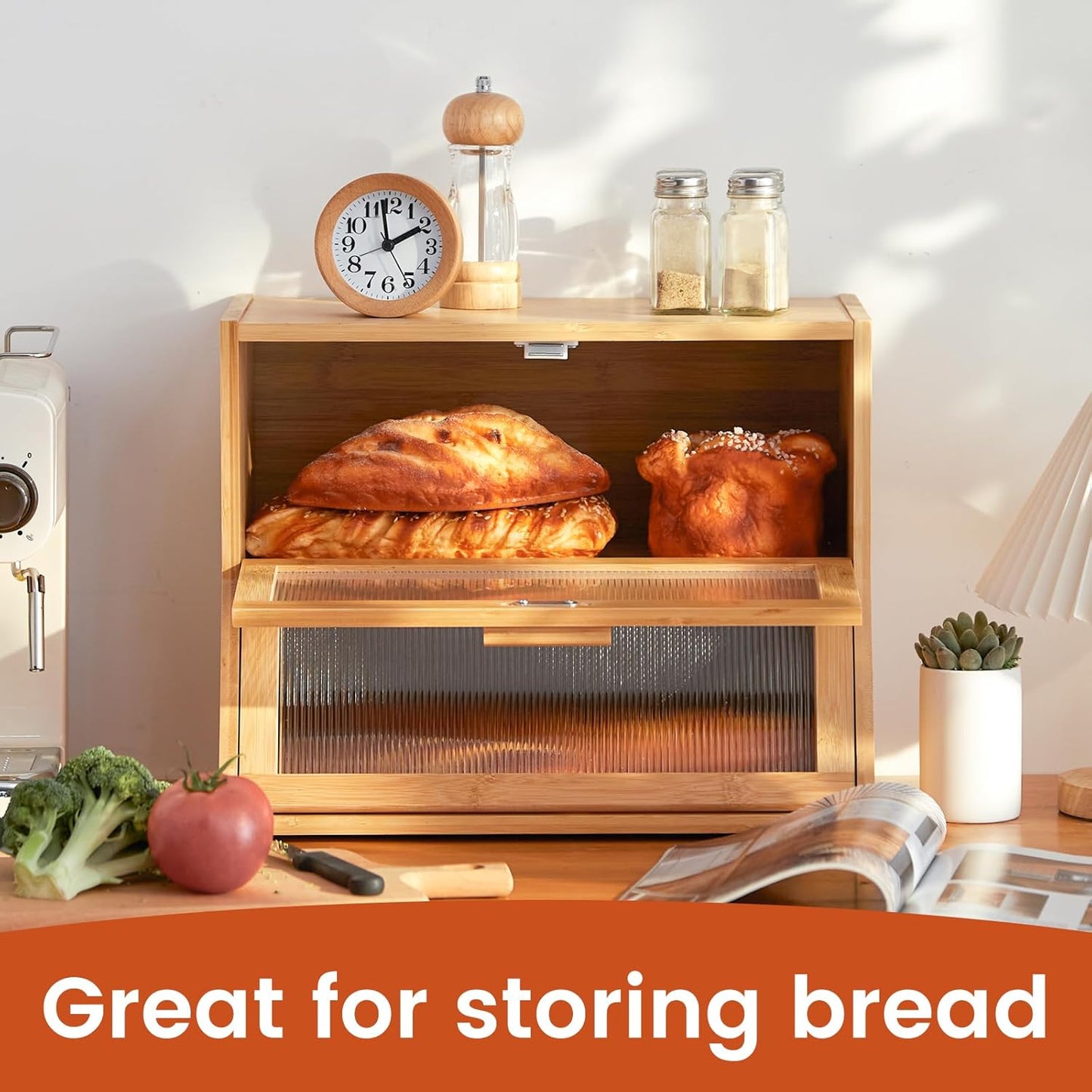 GHWIE Double Layer Bamboo Bread Box for Kitchen Counter,Large Capacity Bread Storage Bin,Bread Container with Acrylic